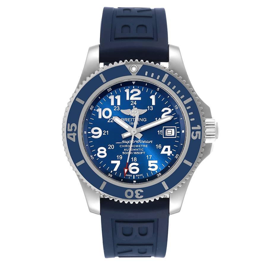 Breitling Superocean II Blue Dial Steel Mens Watch A17365 Box Papers. Automatic self-winding movement. Stainless steel case 42 mm in diameter. Stainless steel screwed-down crown. Blue unidirectional rotating bezel. 0-60 elapsed-time. Scratch