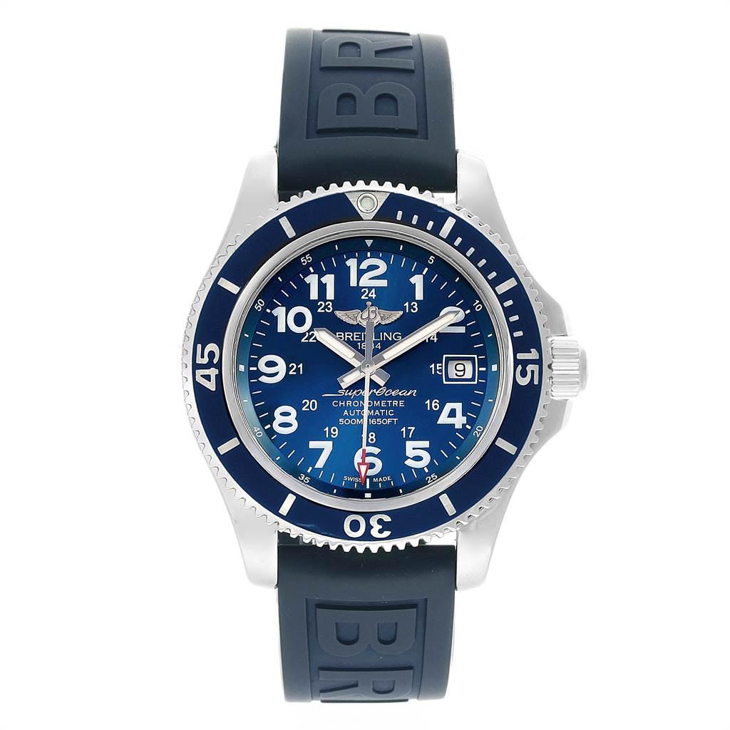 Breitling Superocean II Blue Dial Steel Men's Watch A17365 Box Papers In Excellent Condition For Sale In Atlanta, GA