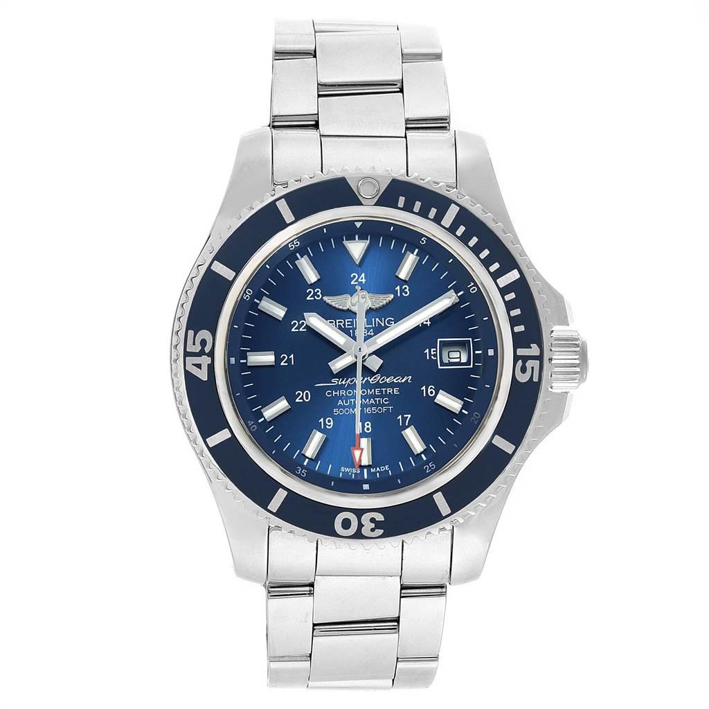 Breitling Superocean II Blue Dial Steel Mens Watch A17365. Authomatic self-winding movement. Stainless steel case 42 mm in diameter. Stainless steel screwed-down crown and pushers. Blue unidirectional revolving bezel. 0-60 elapsed-time. Scratch