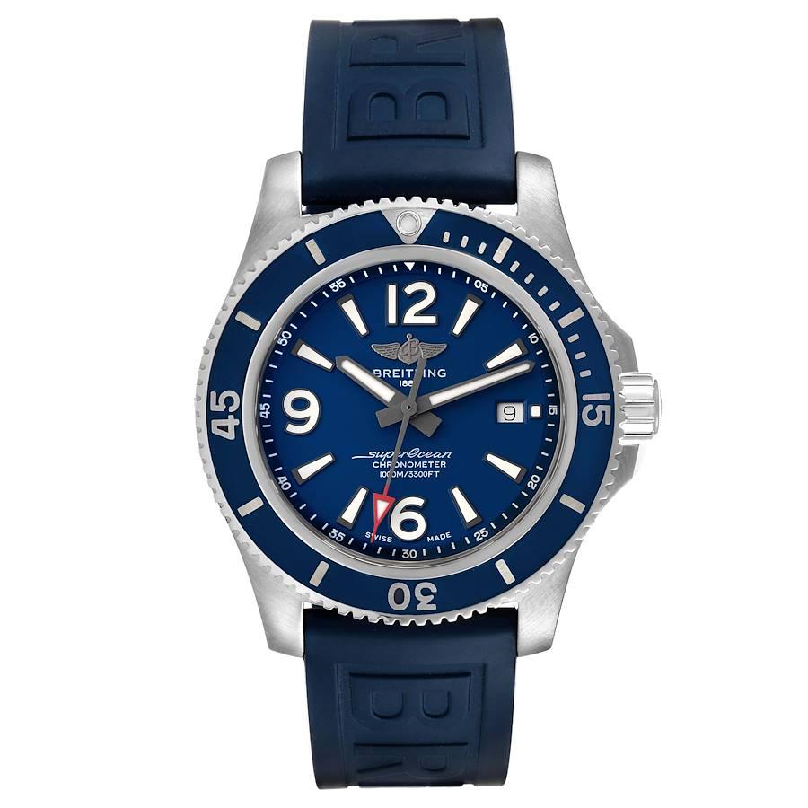 Breitling Superocean II Blue Dial Steel Mens Watch A17367 Box Card. Automatic self-winding movement. Stainless steel case 44 mm in diameter. Stainless steel screwed-down crown and pushers. Blue unidirectional rotating bezel. 0-60 elapsed-time.