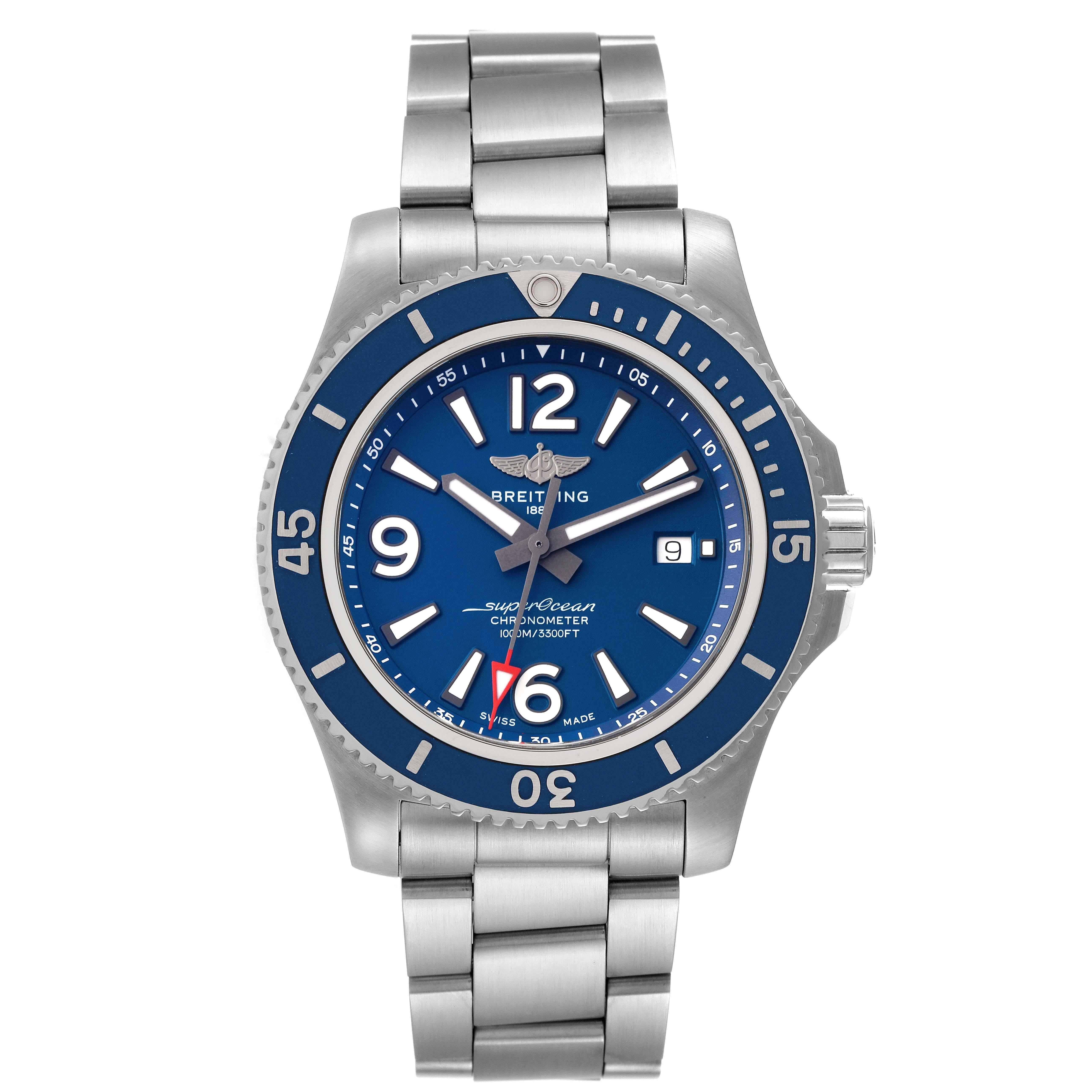 Breitling Superocean II Blue Dial Steel Mens Watch A17367. Automatic self-winding movement. Stainless steel case 44 mm in diameter. Stainless steel screwed-down crown and pushers. Blue unidirectional rotating bezel. 0-60 elapsed-time. Scratch