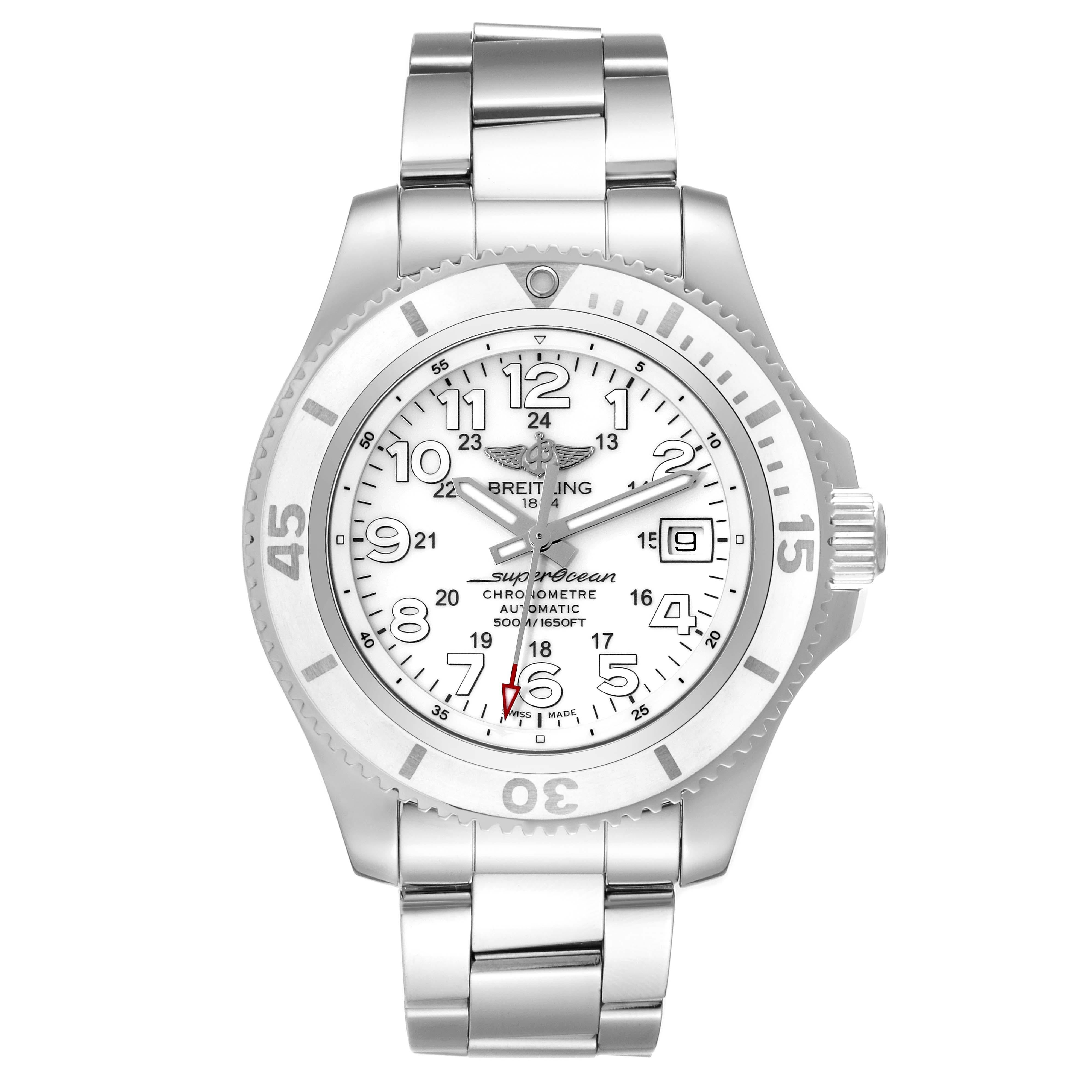 Men's Breitling Superocean II White Dial Steel Mens Watch A17365 Box Card For Sale