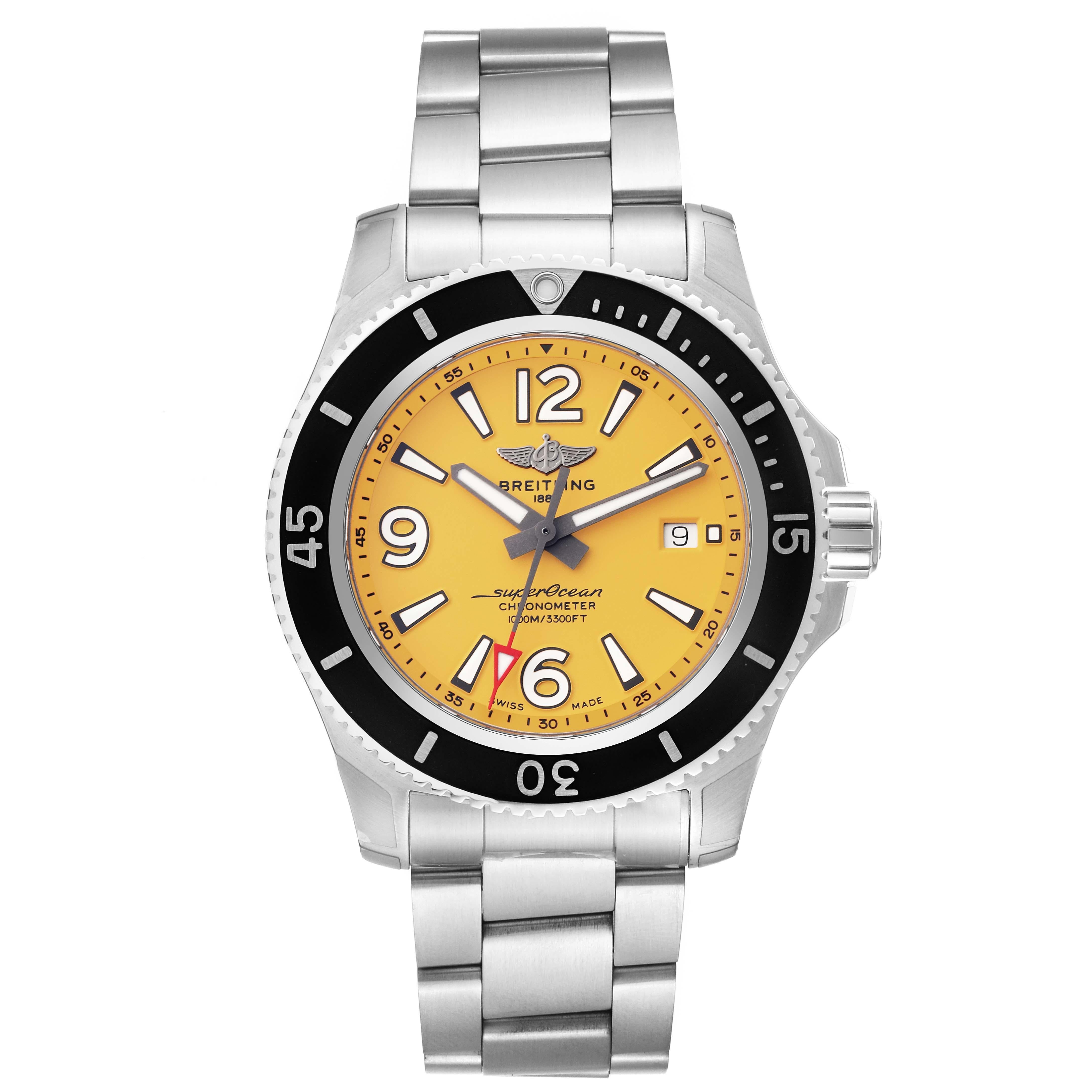 Breitling Superocean II Yellow Dial Steel Mens Watch A17367 Unworn. Authomatic self-winding movement. Stainless steel case 44 mm in diameter. Stainless steel screwed-down crown and pushers. Black unidirectional rotating bezel. 0-60 elapsed-time.