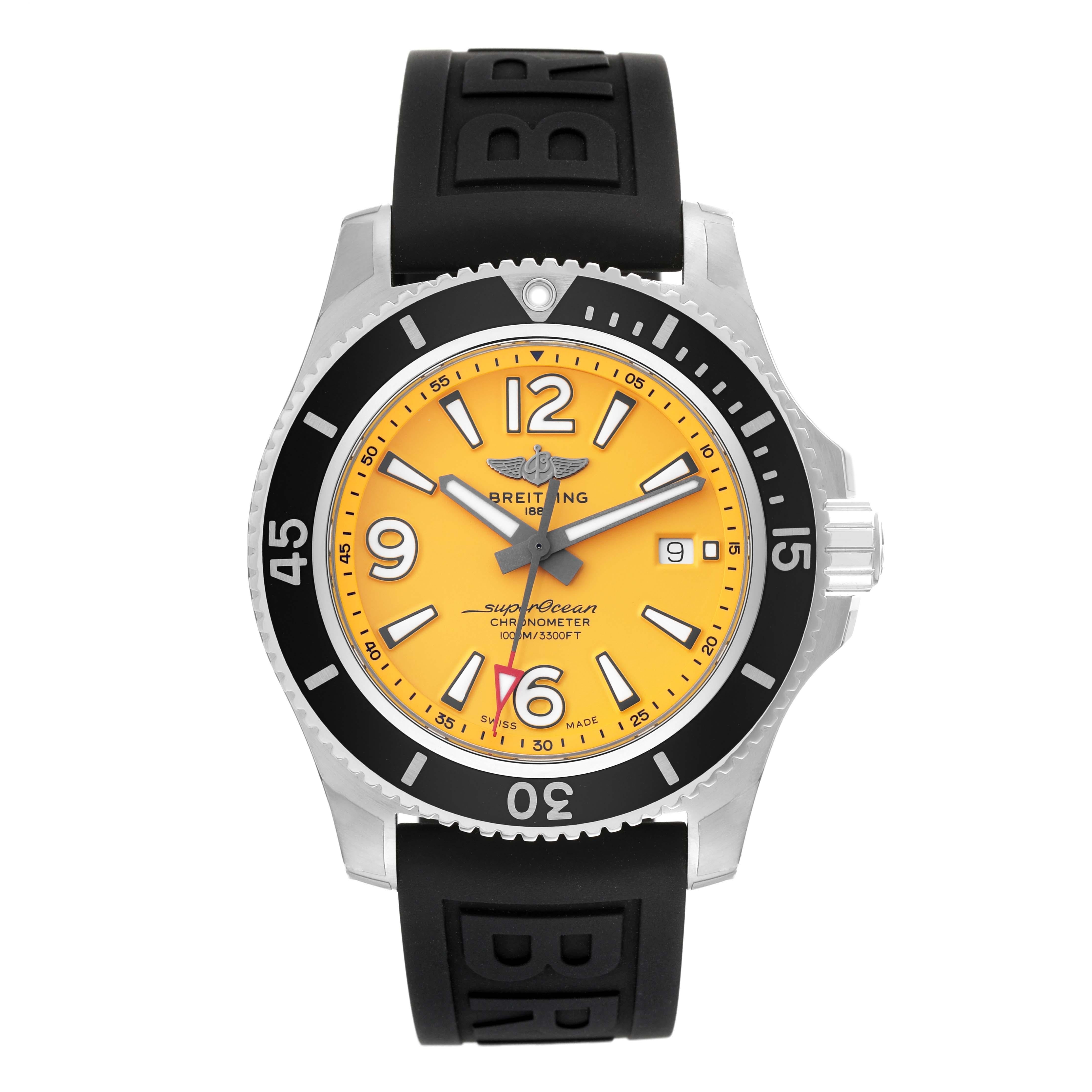 Breitling Superocean II Yellow Dial Steel Mens Watch A17367 Unworn. Automatic self-winding movement. Stainless steel case 44 mm in diameter. Stainless steel screwed-down crown and pushers. Black unidirectional rotating bezel. 0-60 elapsed-time.