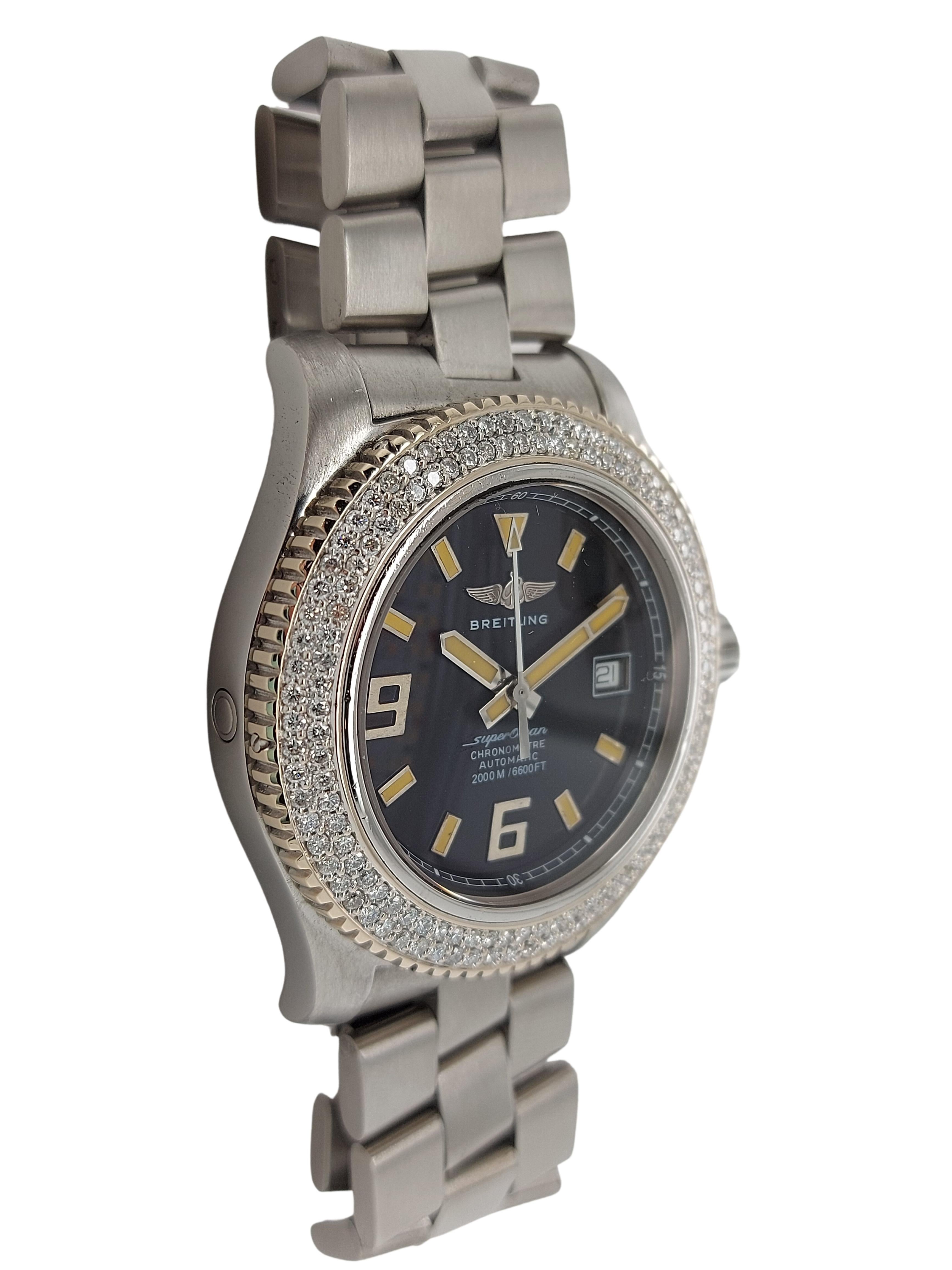 Breitling Superocean Steel, Automatic, Breitling Box, Diamonds In Excellent Condition In Antwerp, BE
