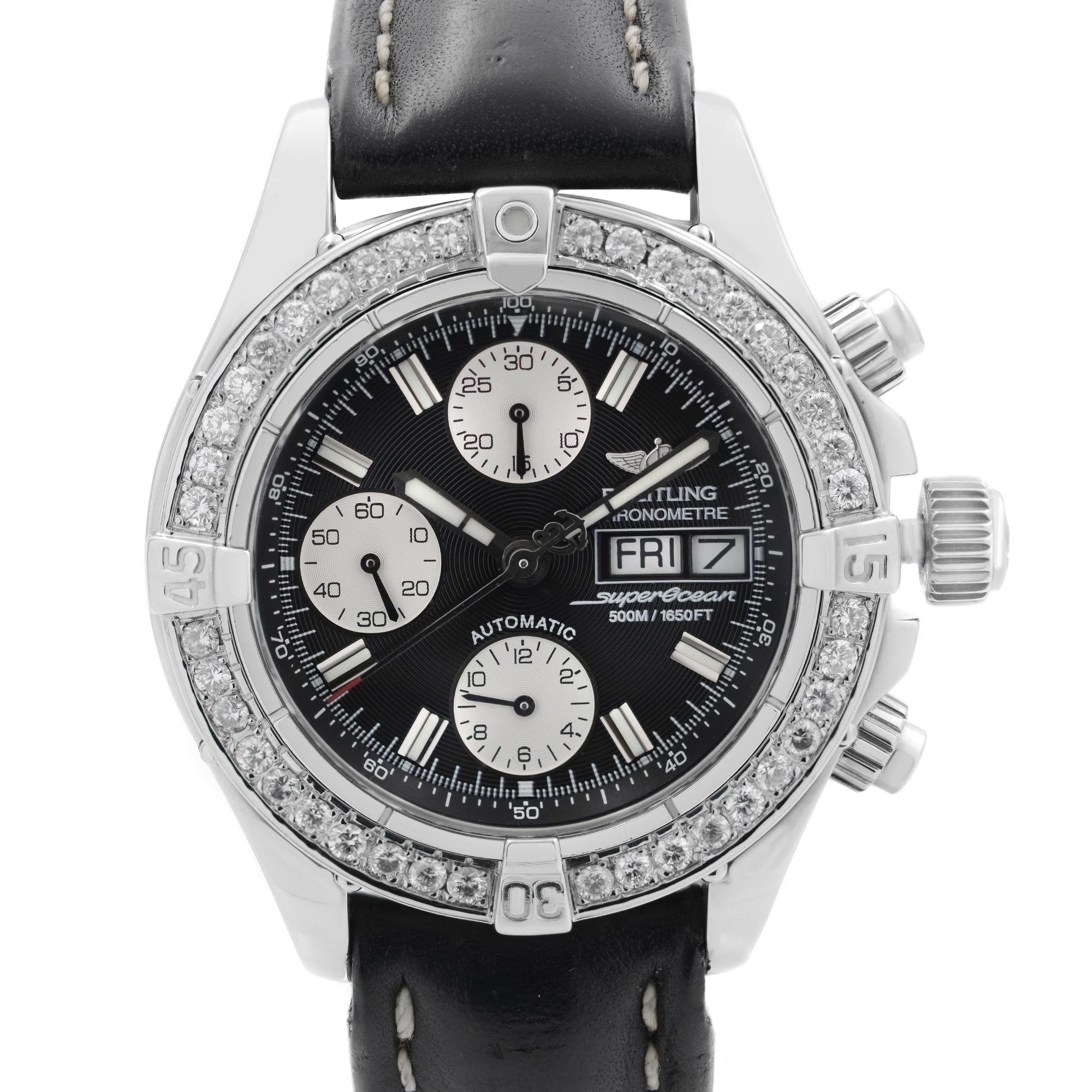 Pre-owned Breitling Superocean Steel Custom Diamond Black Dial Automatic Men's Watch A13340. This Beautiful Timepiece is Powered by Mechanical (Automatic) Movement And Features: Round Stainless Steel Case with a Black Leather Strap, Fixed Custom