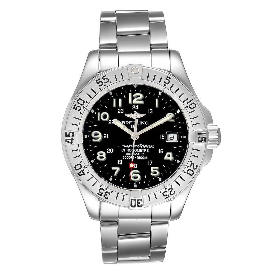 Breitling Superocean Steelfish Black Dial Mens Watch A17360 Box Papers. Automatic self-winding movement. Stainless steel case 42 mm in diameter. Stainless steel screwed-down crown and pushers. Stainless steel unidirectional revolving bezel. 0-60