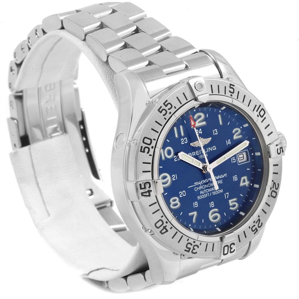 Breitling Superocean Steelfish Blue Dial Mens Watch A17360. Authomatic self-winding movement. Stainless steel case 42 mm in diameter. Stainless steel screwed-down crown and pushers. Stainless steel unidirectional revolving bezel. 0-60 elapsed-time.