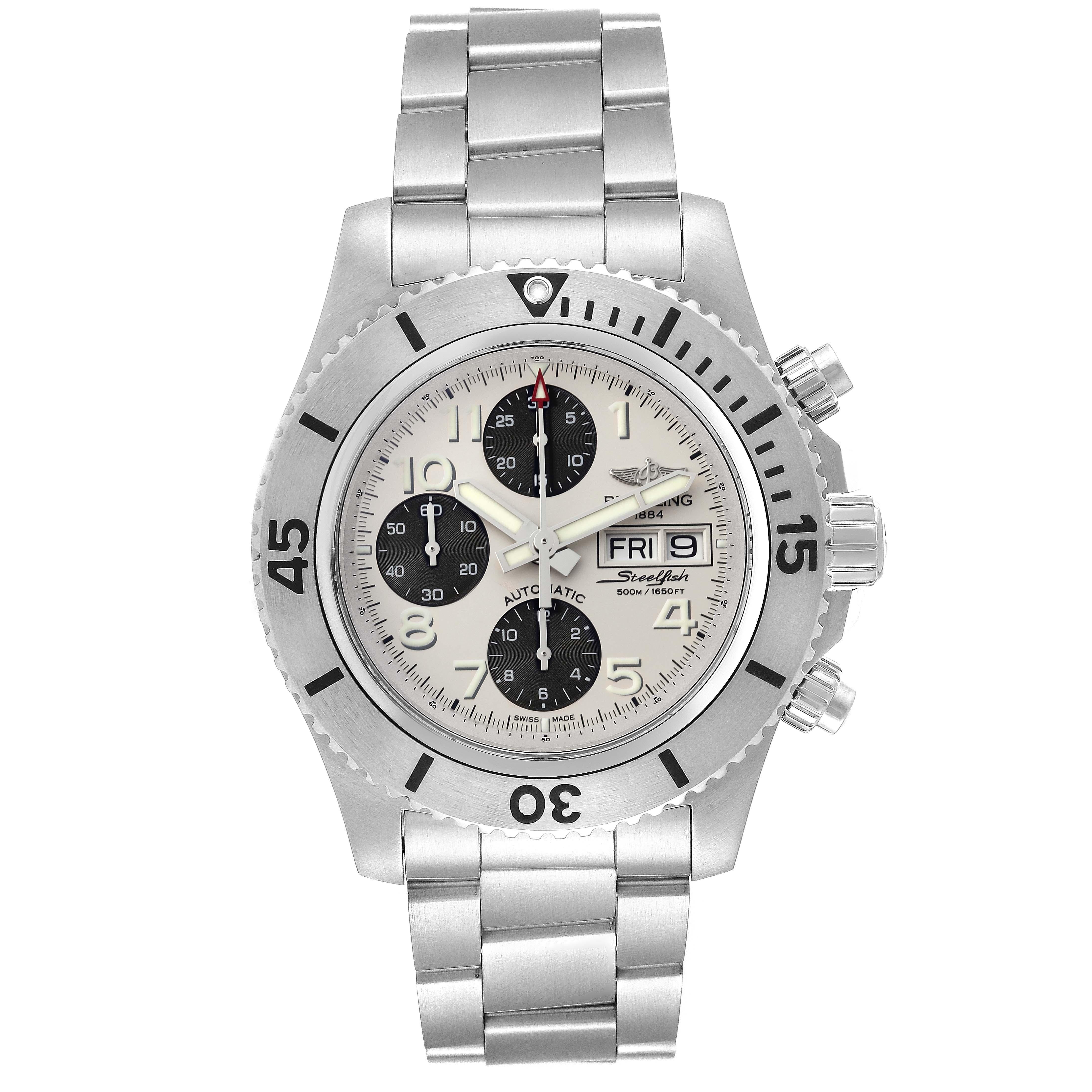 Breitling SuperOcean SteelFish Chronograph Mens Watch A13341 Box Card. Authomatic self-winding chronograph movement. Stainless steel case 44.0 mm in diameter. Stainless steel unidirectional revolving bezel. Scratch resistant sapphire crystal.