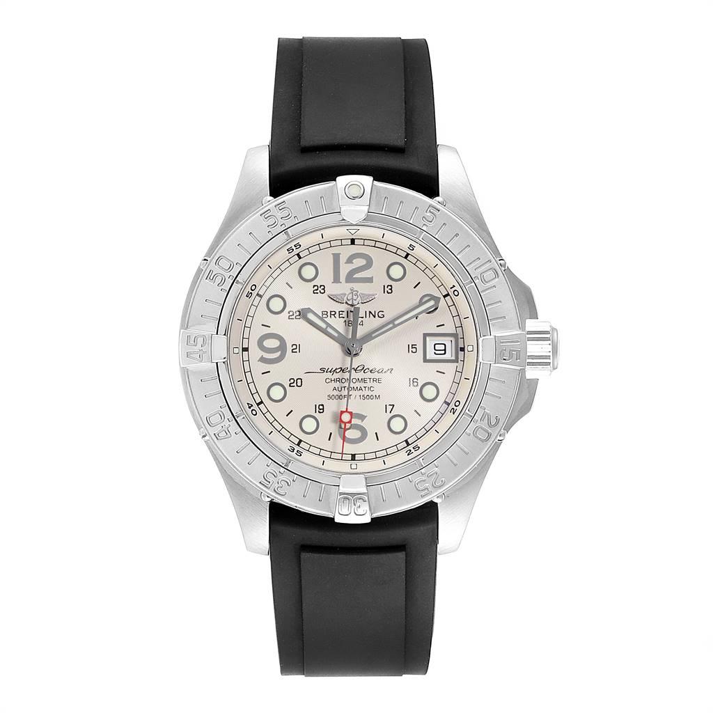 Breitling Superocean Steelfish Rubber Strap Steel Mens Watch A17360. Authomatic self-winding movement. Stainless steel case 42 mm in diameter. Stainless steel screwed-down crown and pushers. Stainless steel unidirectional revolving bezel. 0-60