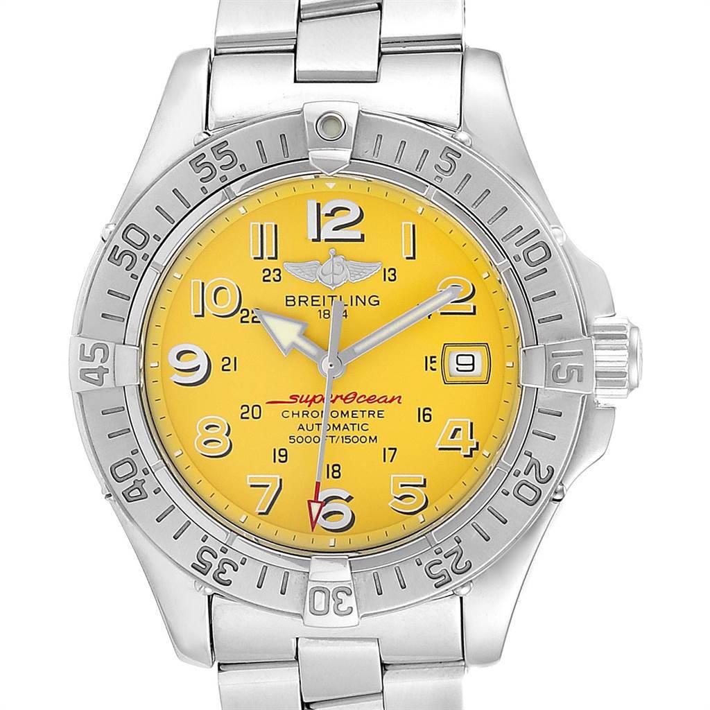 Breitling Superocean Steelfish Yellow Dial Steel Mens Watch A17360. Authomatic self-winding movement. Stainless steel case 42 mm in diameter. Stainless steel screwed-down crown and pushers. Stainless steel unidirectional revolving bezel. 0-60