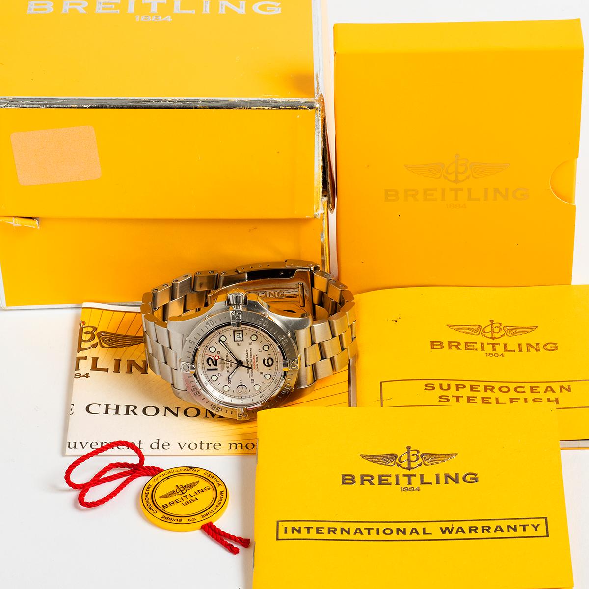 The perfect combination for a Breitling dive watch, our Superocena Steelfish reference A17390 features a stainless steel 44mm case and bracelet with silver dial. A complete set, our Steelfish comprises inner and outer box, chronometer certificate,