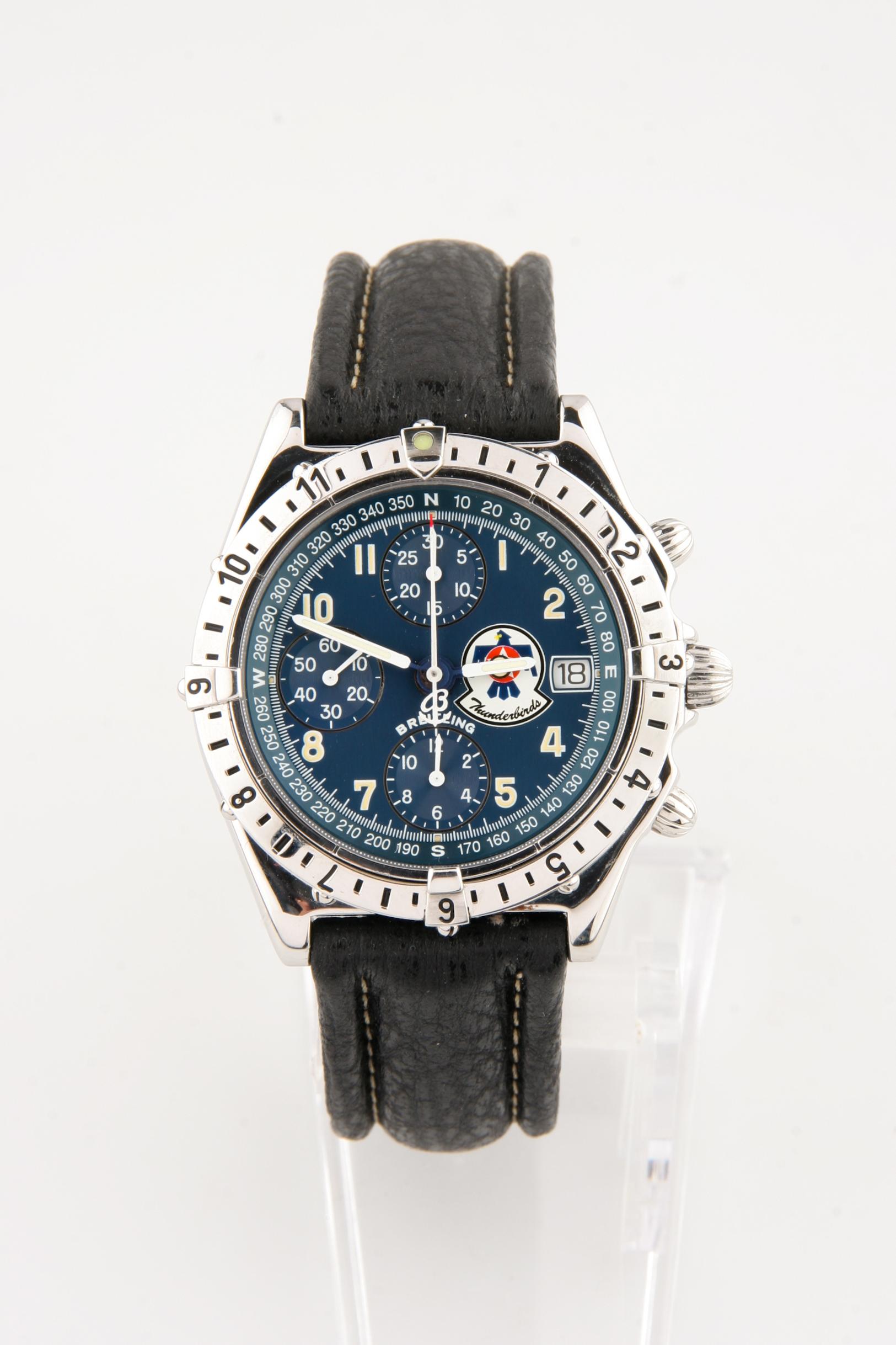 Movement #7750
Case #A20048
Limited Edition #350/1000
Stainless Steel Case
Bezel has Numbers/Tic Marks Engraved
39 mm in Diameter (44 mm w/ Crown)
Lug-to-Lug Distance = 45 mm
Thickness = 13 mm
Navy Blue Chronograph Dial w/ Thunderbird Decal
Includes