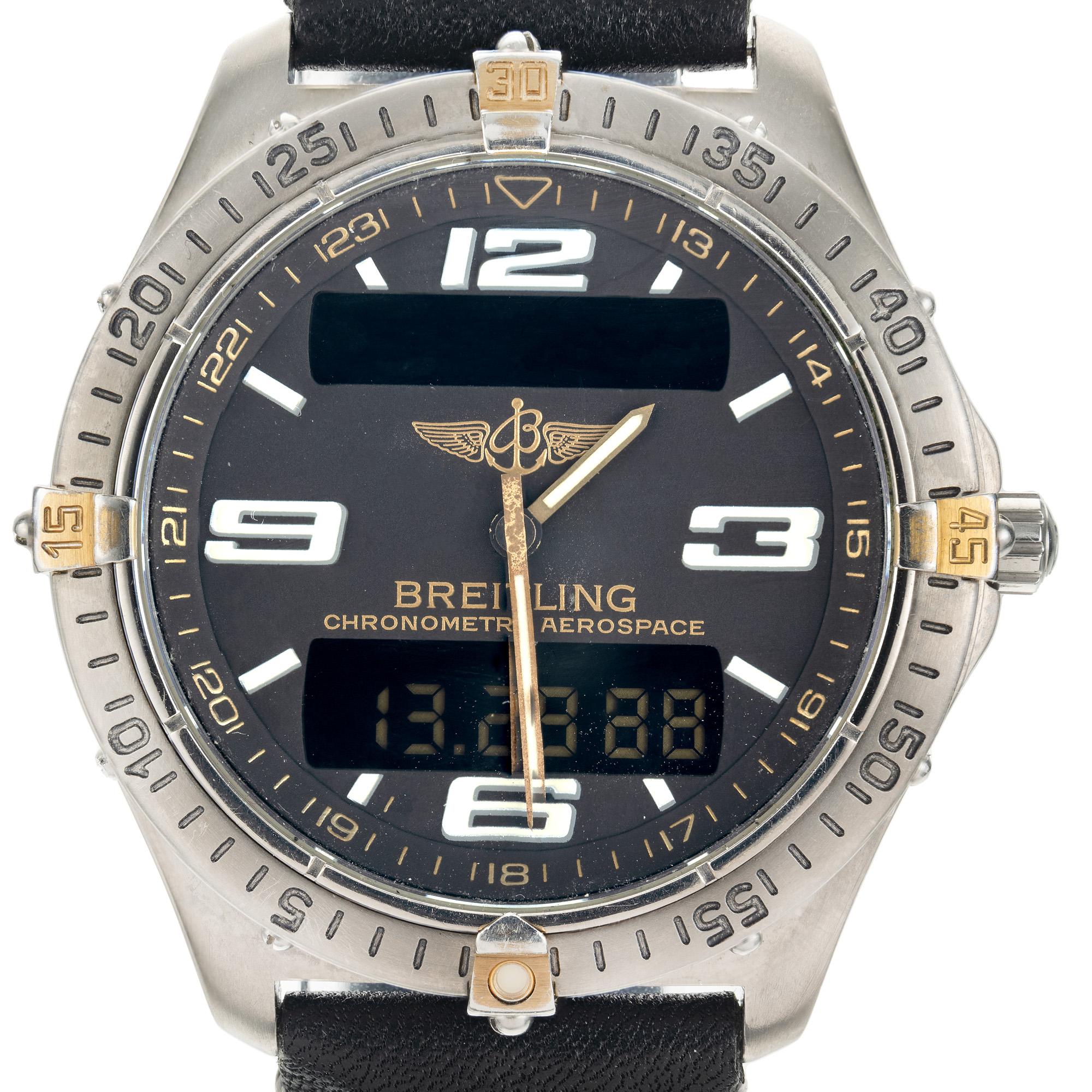 1990's fully serviced and warrantied titanium aerospace wristwatch. Breitling Titanium 18k Chronometer Aerospace Wristwatch, which combines the robustness of titanium with the elegance of 18k gold accents, creating a harmonious contrast and