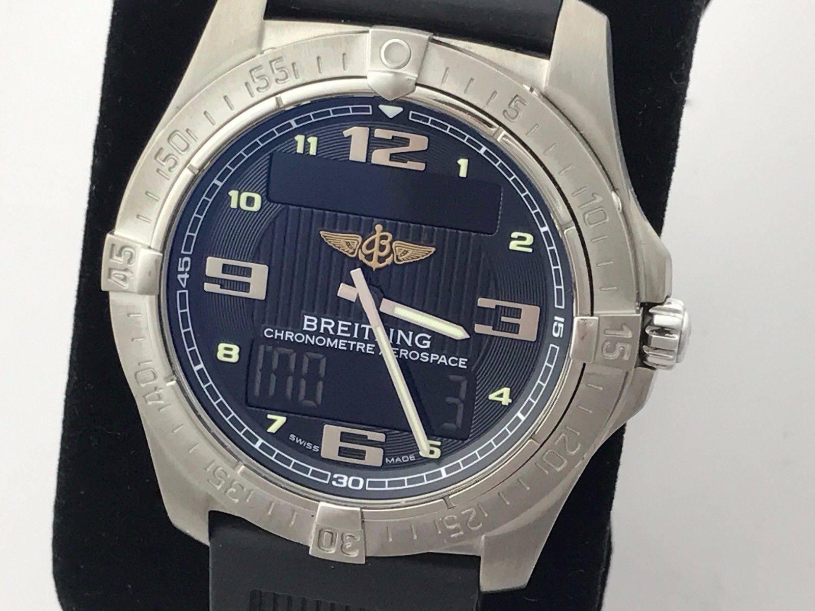 Breitling Aerospace Evo Men's Quartz wrist watch. Model E7936210/BC27-1PRO3T. Certified pre-owned and ready to ship! Chronograph, Alarm, Countdown Timer, GMT - 2nd Time Zone, Digital Display. Black Dial with polished Arabic numerals and Digital