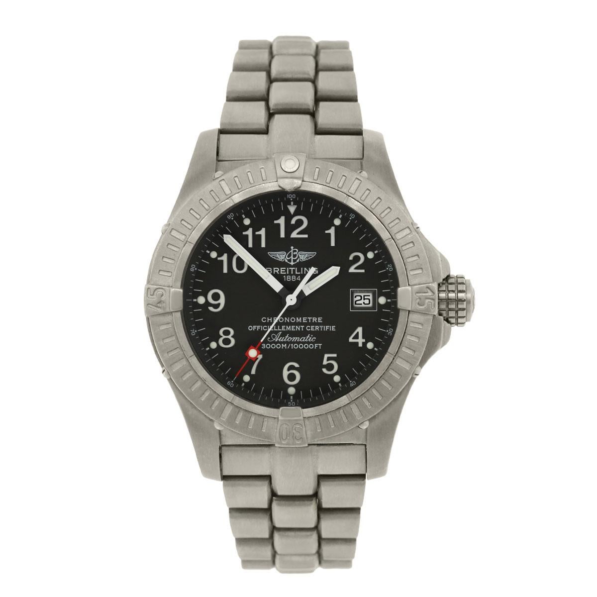 Brand: Breitling
MPN: E17370
Model: Avenger Seawolf
Case Material: 
Case Diameter: 44mm
Crystal: Sapphire
Bezel: Titanium unidirectional bezel
Dial: Grey dial with date window at the 3 o’clock position
Bracelet: Titanium
Size: Will fit a 8″