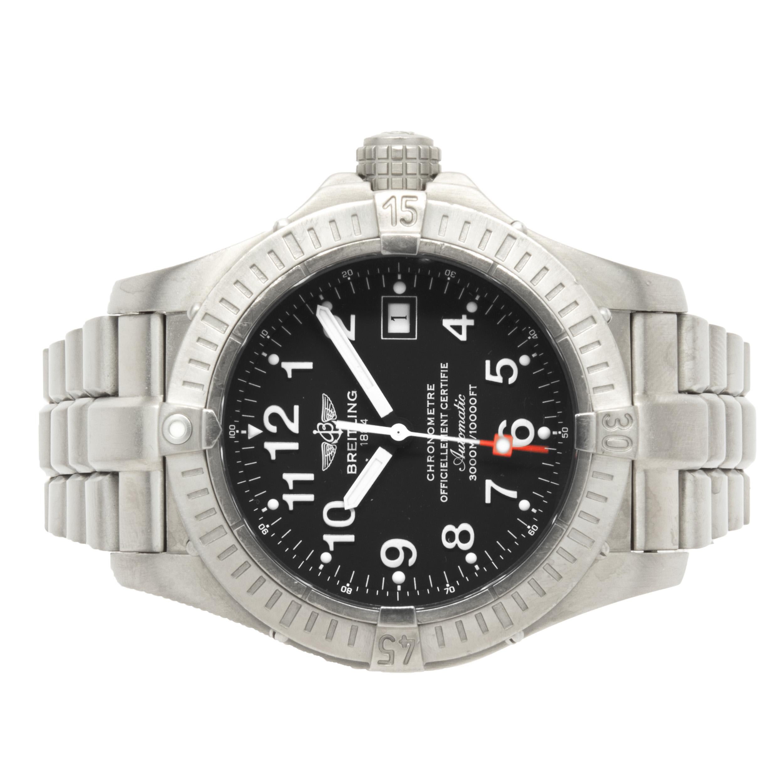 Movement: automatic
Function: hours, minutes, seconds, date
Case: round 44mm titanium case, uni-directional rotating timing bezel, sapphire protective crystal, Breitling engraved case-back, screw-down crown, water resistant to 100 meters
Band: