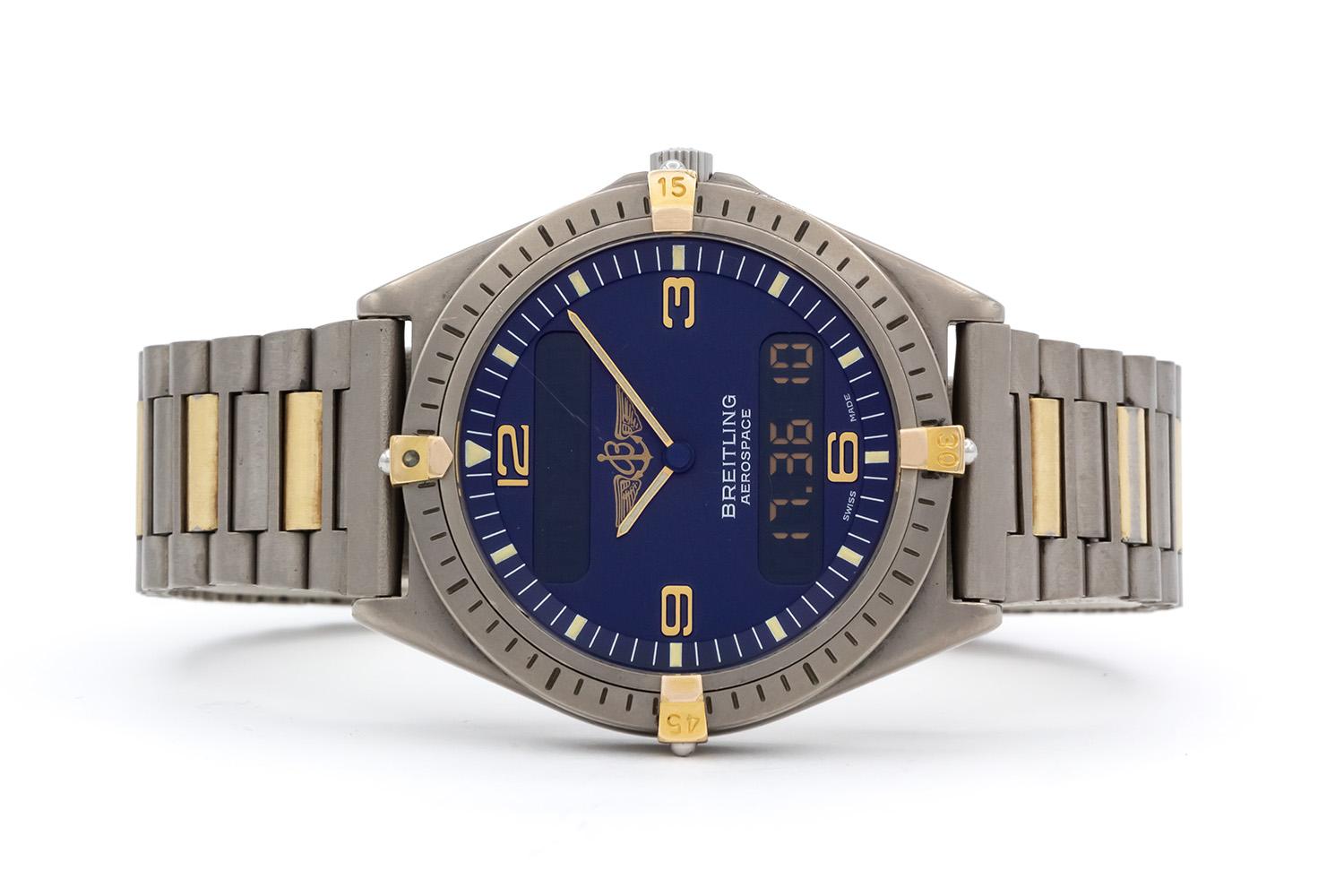 We are pleased to offer this Breitling Titanium & Gold Plated Two Tone Aerospace Watch F56059. This watch features a 40mm titanium case, two tone titanium & gold plated bracelet and Swiss quartz movement with analog and digital display. It will fit