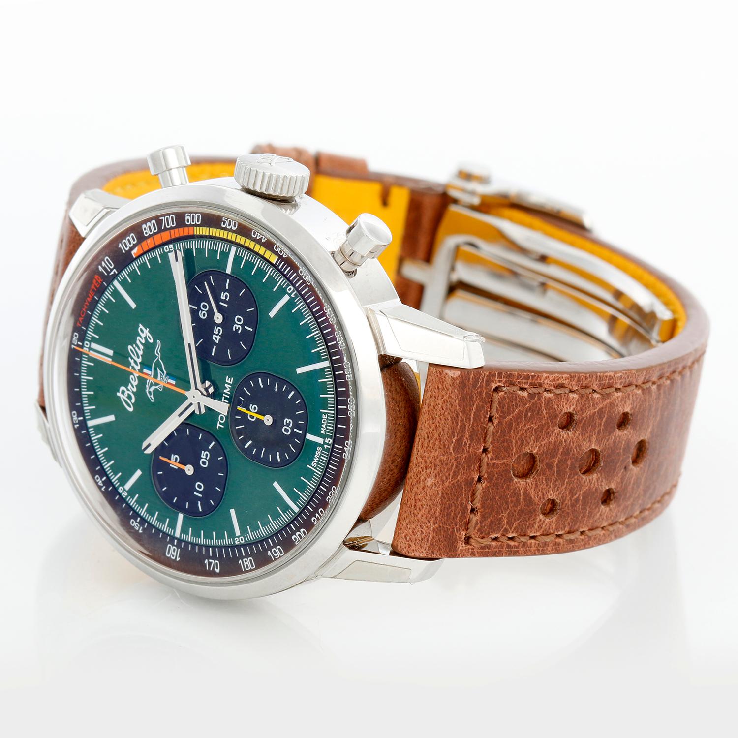 Breitling Top Time Ford Mustang Men's Watch Ref A25310 - Automatic winding chronograph. Stainless steel case (42 mm). Green dial with black subdials. Brown racing calfskin leather strap with Breitling Stainless Steel Deployant buckle. Pre-owned with