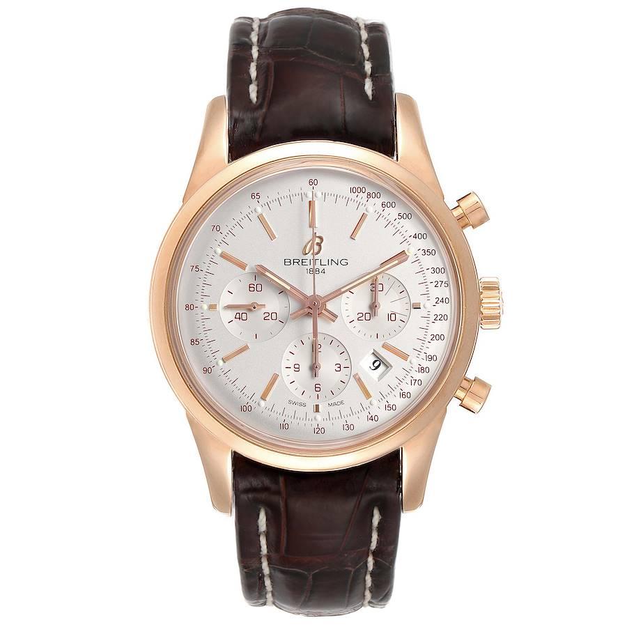 Breitling Transocean 43mm Rose Gold Mens Watch RB0152 Box. Authomatic self-winding chronograph movement. 18K rose gold case 43 mm in diameter. Transparent exhibition sapphire crystal case back. 18K rose gold bezel. Scratch resistant sapphire