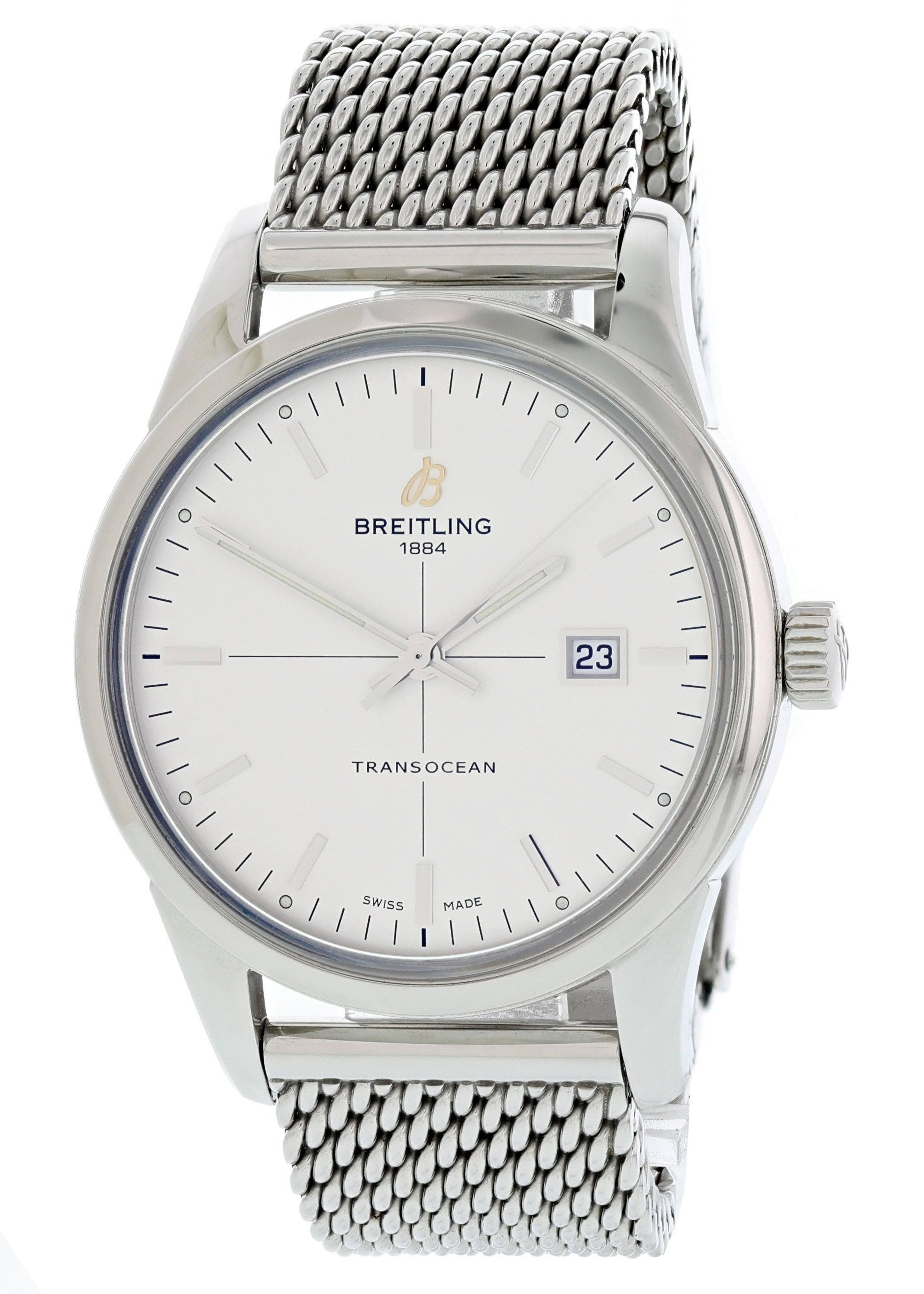 Breitling Transocean A10360 Mens Watch. Stainless Steel 43mm case with a fluted crown. Silver dial with steel hands and hour indexes. Stainless steel Milanese bracelet with stainless steel fold-over clasp. Sapphire crystal glass. Automatic movement.