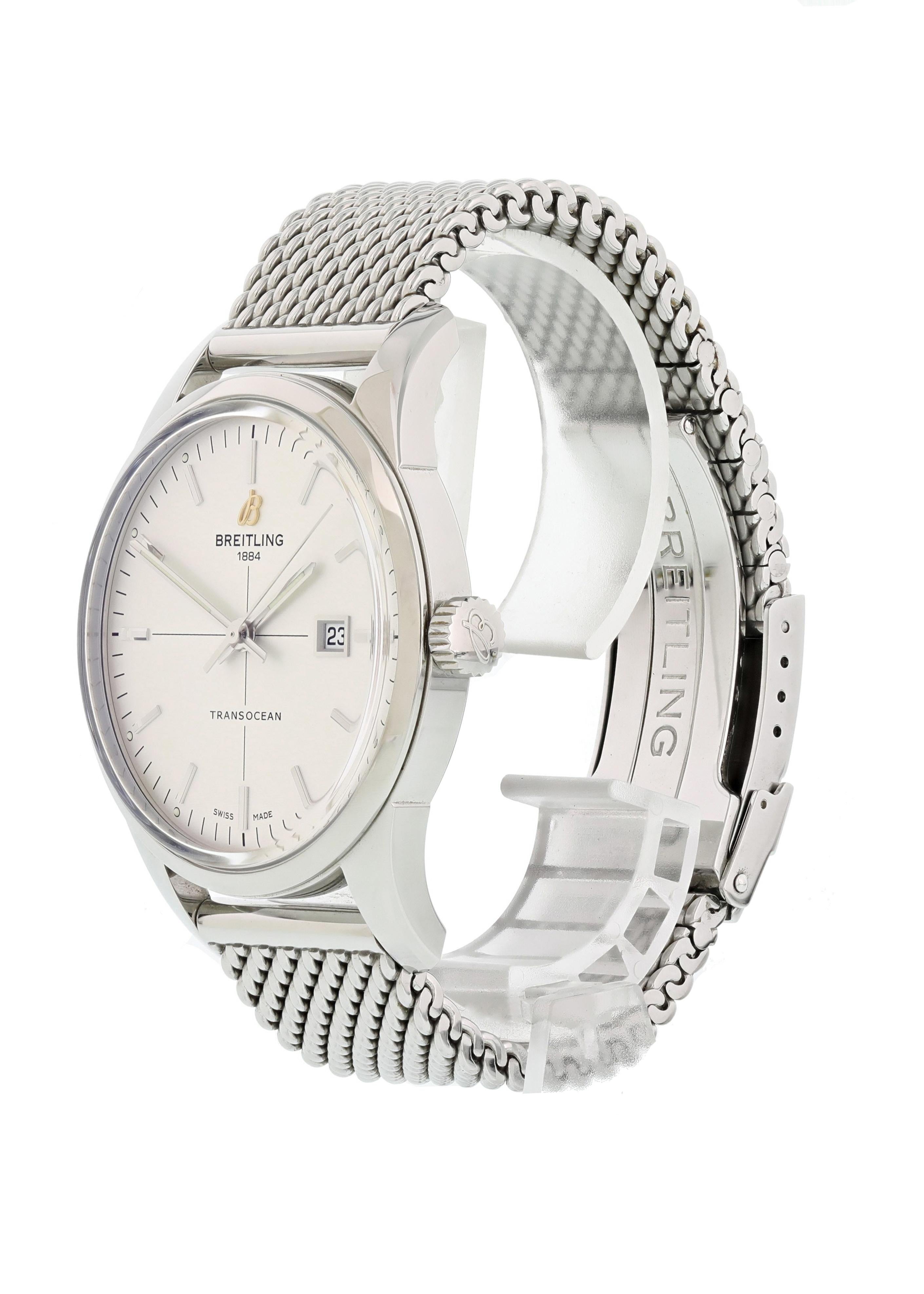 Breitling Transocean A10360 Mens Watch. Stainless Steel 43mm case with a fluted crown. Silver dial with steel hands and hour indexes. Stainless steel Milanese bracelet with stainless steel fold-over clasp. Sapphire crystal glass. Automatic movement.