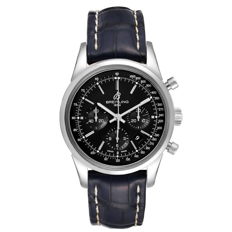 Breitling Transocean Black Dial Steel Mens Watch AB0152 Box Papers. Authomatic self-winding chronograph movement. Stainless steel case 43.0 mm in diameter. Exhibition transparent case back. Stainless steel bezel. Scratch resistant sapphire crystal.