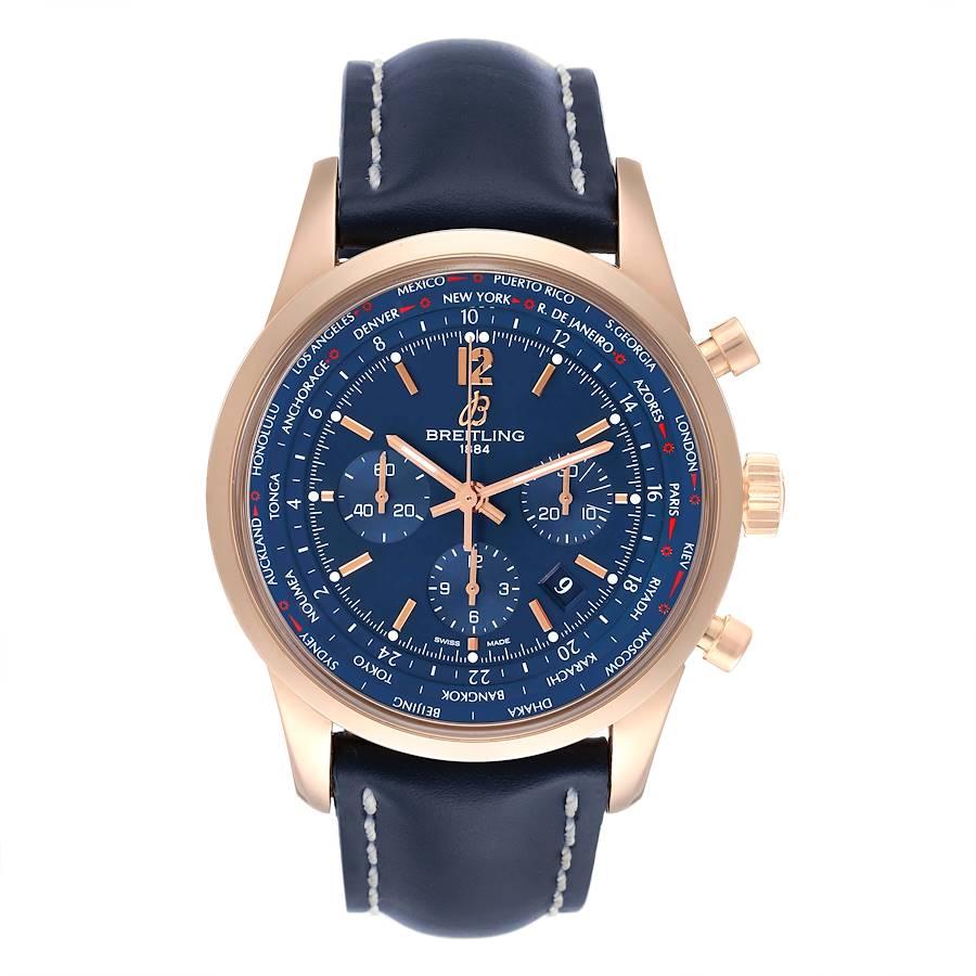 Breitling Transocean Blue Dial Rose Gold Mens Watch RB0510 Box Card. Authomatic self-winding chronograph movement. 18K rose gold case 46 mm in diameter. Two stylized planes symbols on the case back. 18k rose gold smooth bezel. Scratch resistant