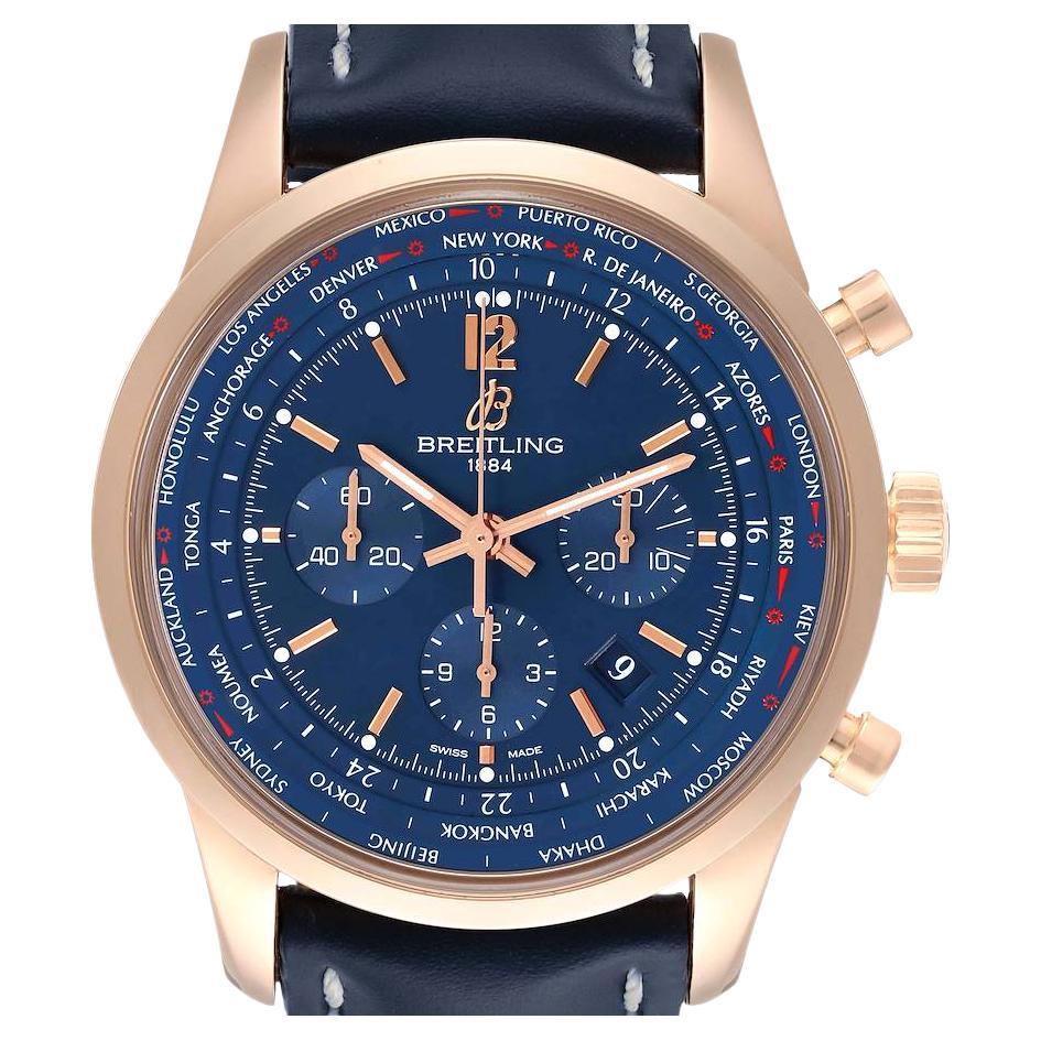 Breitling Transocean Blue Dial Rose Gold Mens Watch RB0510 Box Card