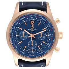 Breitling Transocean Blue Dial Rose Gold Mens Watch RB0510 Box Card