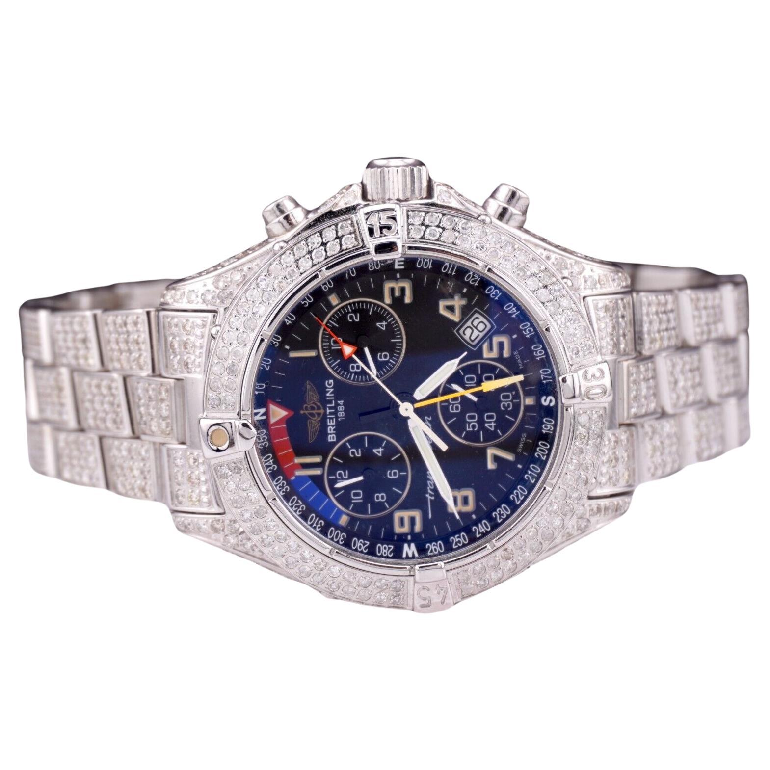 Breitling TransOcean Chrono Quarz Herren 40mm Iced 13ct Diamant Schwarzes Zifferblatt A53040 im Angebot