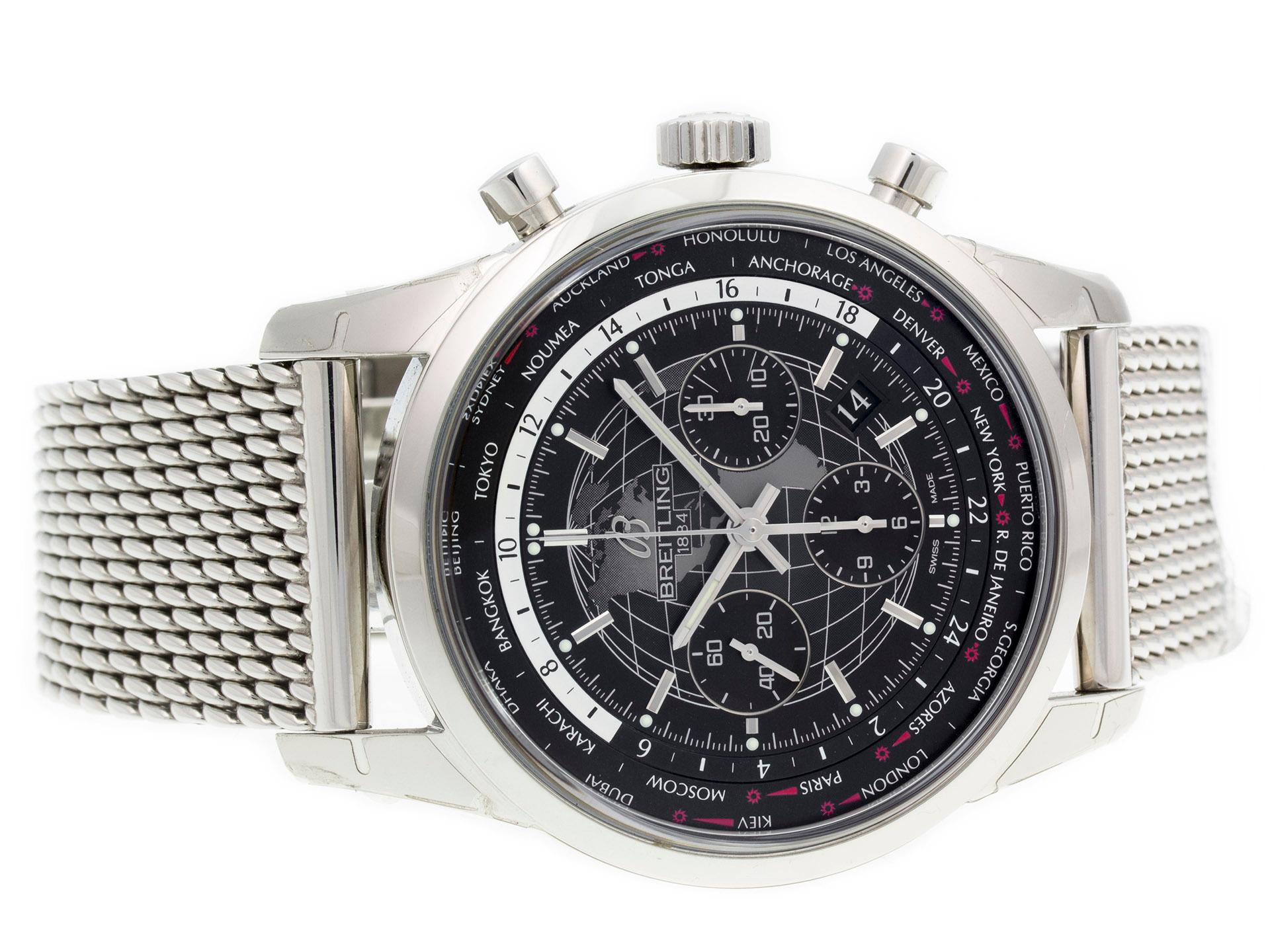 Stainless steel Breitling Transocean Chrono Unitime AB0510U4/BE84 watch, water resistant to 100m, with date, chronograph, world time, and bracelet.

Watch	
Brand:	Breitling
Series:	Transocean Chrono Unitime
Model