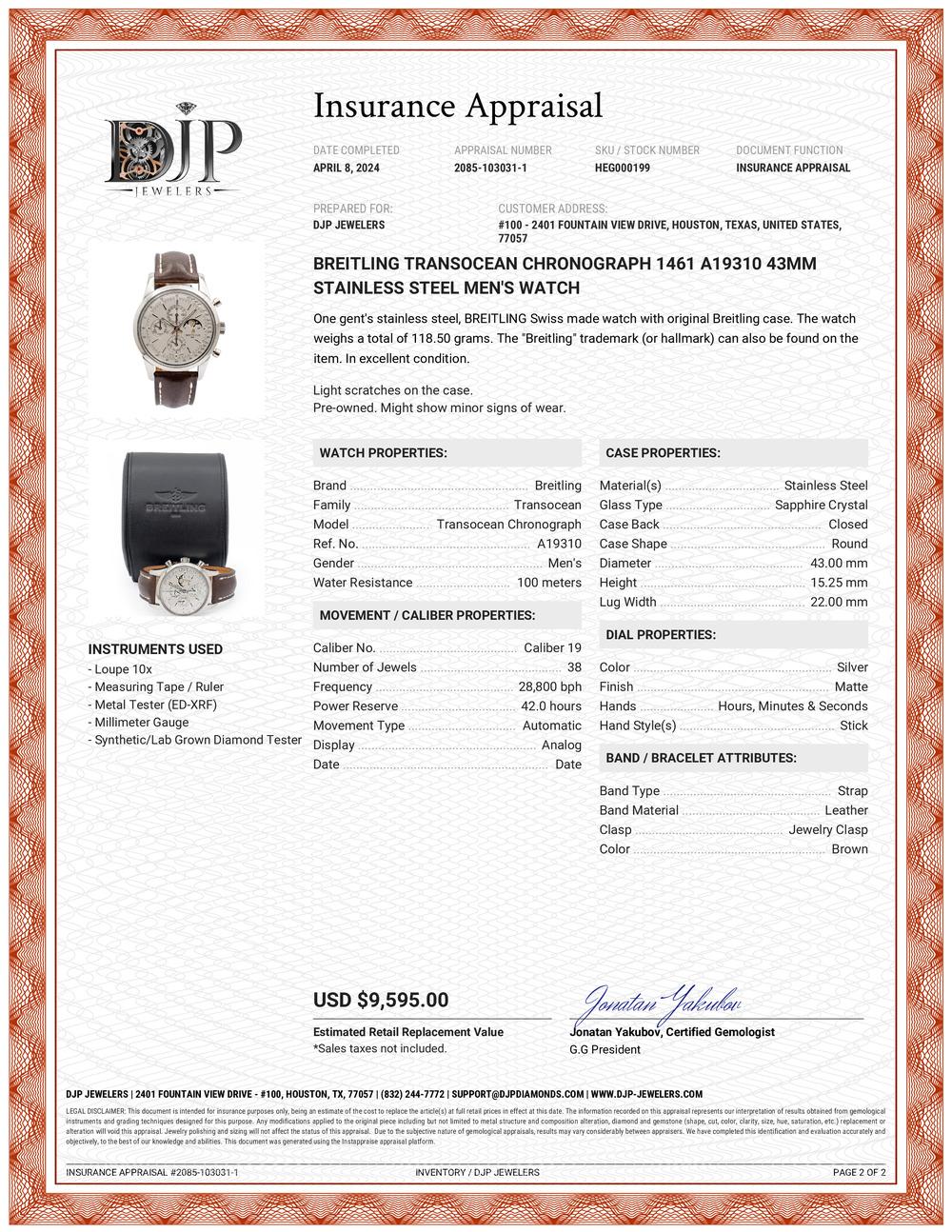 Montre Hommes Breitling Transocean Chronograph 1461 A19310 43MM Acier inoxydable en vente 7