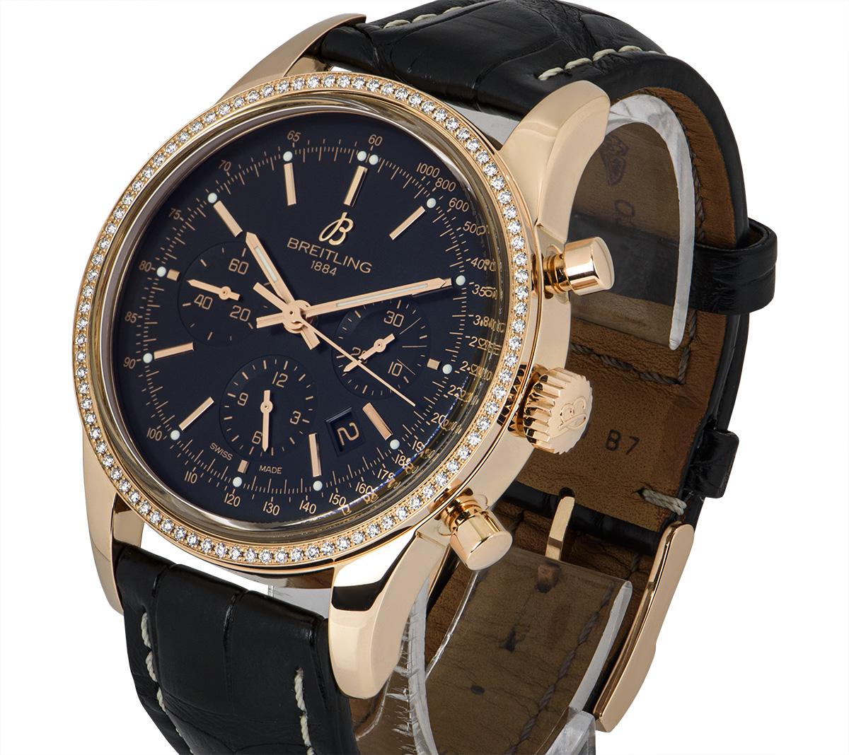 A 43 mm 18k Rose Gold Transocean Chronograph Gents Wristwatch, black dial with applied hour markers, 30 minute recorder at 3 0'clock, date between 4 & 5 0'clock, 12 hour recorder at 6 0'clock, small seconds at 9 0'clock, tachymeter scale around the