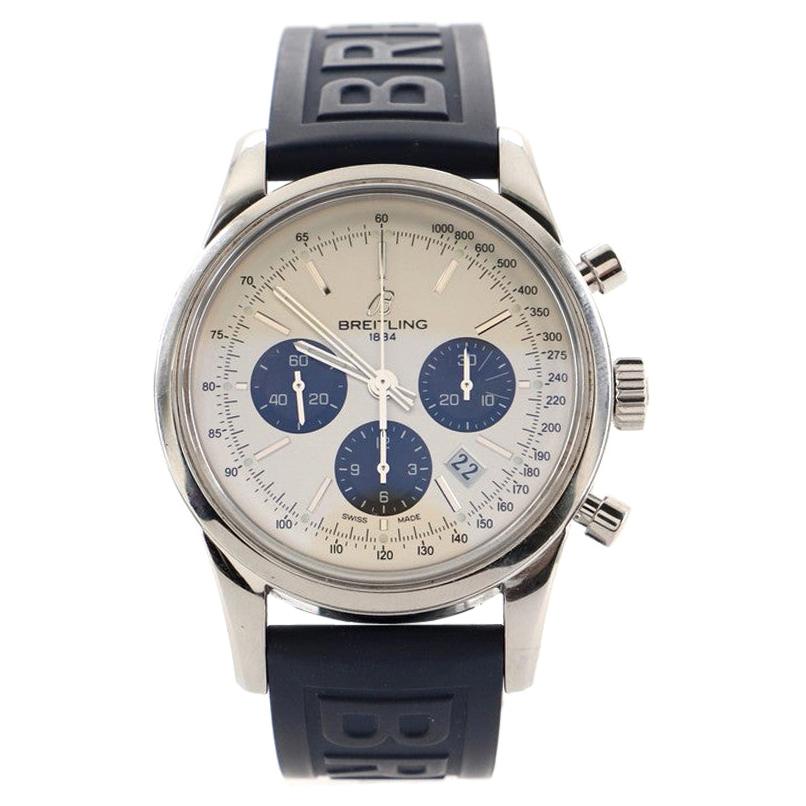 Breitling Transocean Chronograph Automatic Watch Stainless Steel and Leather 42 For Sale