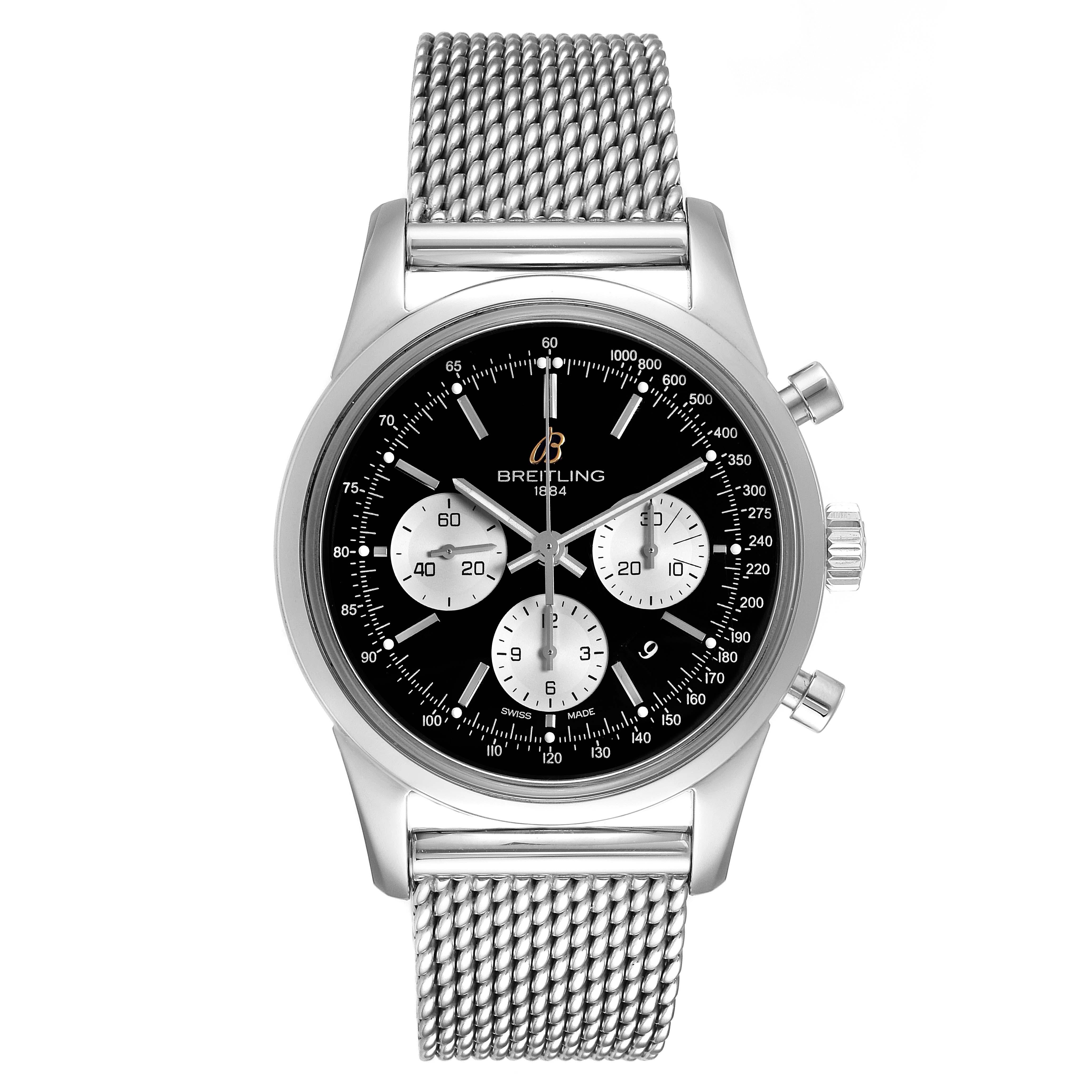 Breitling Transocean Chronograph LE Mens Watch AB0151 Box Papers. Authomatic self-winding chronograph movement. Stainless steel case 43.0 mm in diameter. Transparent case back. Stainless steel bezel. Scratch resistant sapphire crystal. Black dial