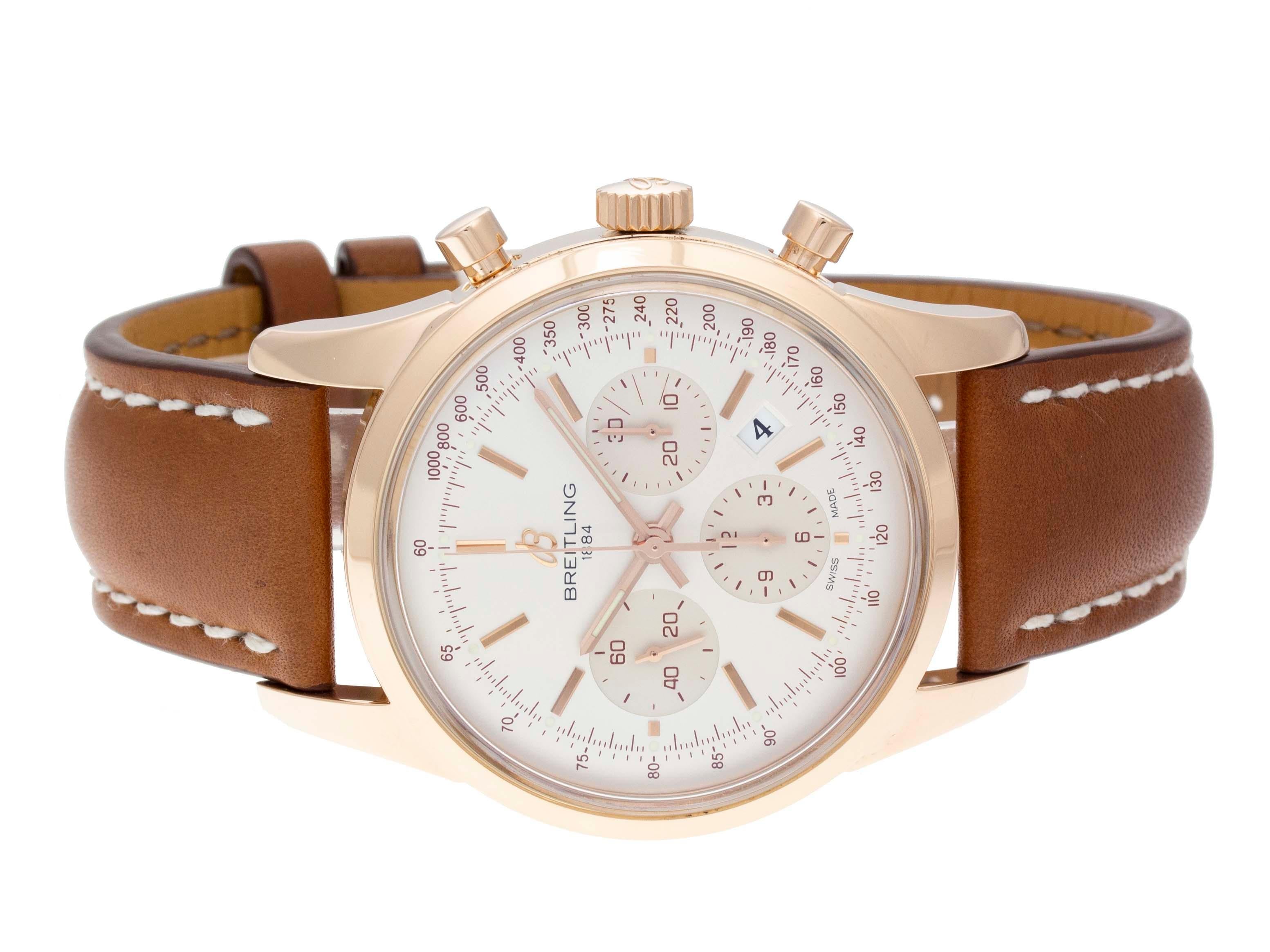 Brand	Breitling
Series	Transocean Chronograph 43
Model	RB015212/G738
Gender	Men's
Condition	Excellent Display
Material	18k Rose Gold
Finish	Polished
Caseback	Transparent
Diameter	43mm
Thickness	14.35mm
Crystal	Sapphire Scratch Resistant
Crown	Push /