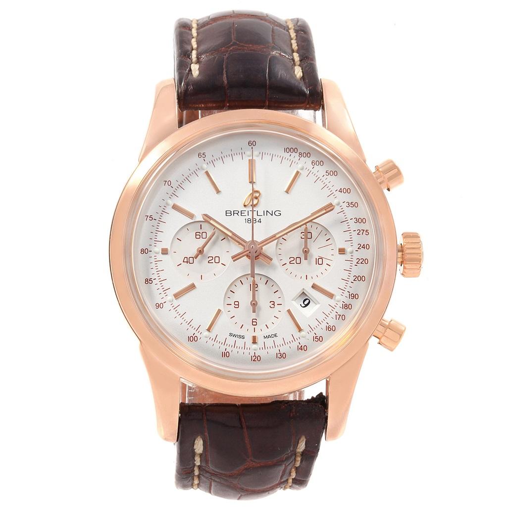 Breitling Transocean Chronograph 43mm Rose Gold Mens Watch RB0152. Automatic self-winding movement. 18K rose gold case 43 mm in diameter. Transparent case back. 18K rose gold fixed fixed bezel. Scratch resistant sapphire crystal. Silver dial.