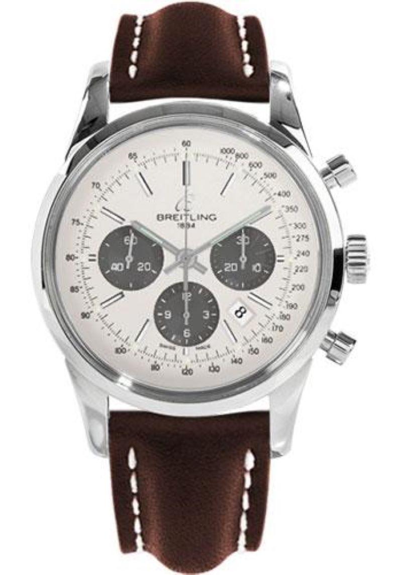 Breitling Transocean Chronograph Stainless Steel, Leather Strap Deployant Watch In Excellent Condition For Sale In New York, NY