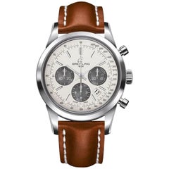 Used Breitling Transocean Chronograph Stainless Steel Leather Strap Deployant Watch