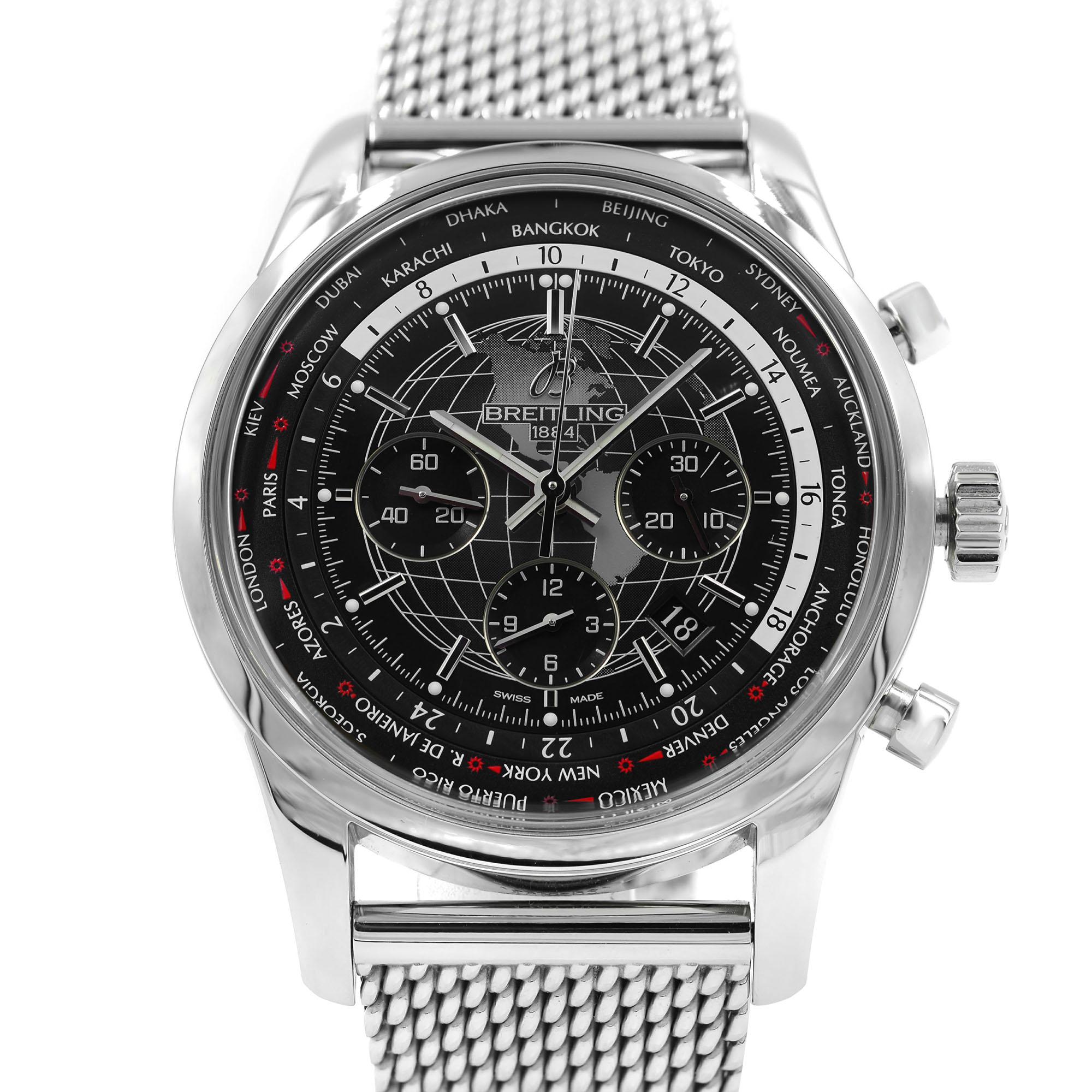 This display model Breitling Transocean  AB0510U4/BE84-152A is a beautiful men's timepiece that is powered by an automatic movement which is cased in a stainless steel case. It has a round shape face, chronograph, date, dual time, multiple time