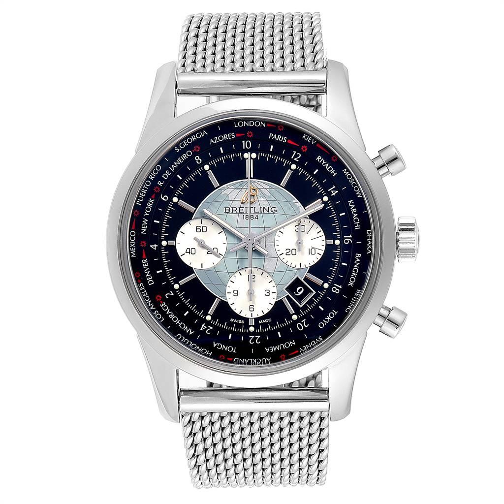 Breitling Transocean Chronograph Unitime Mens Watch AB0510 Box Papers. Authomatic self-winding chronograph movement. Stainless case 46 mm in diameter. Stainless steel smooth bezel. Scratch resistant sapphire crystal. Silver dial with luminiscent