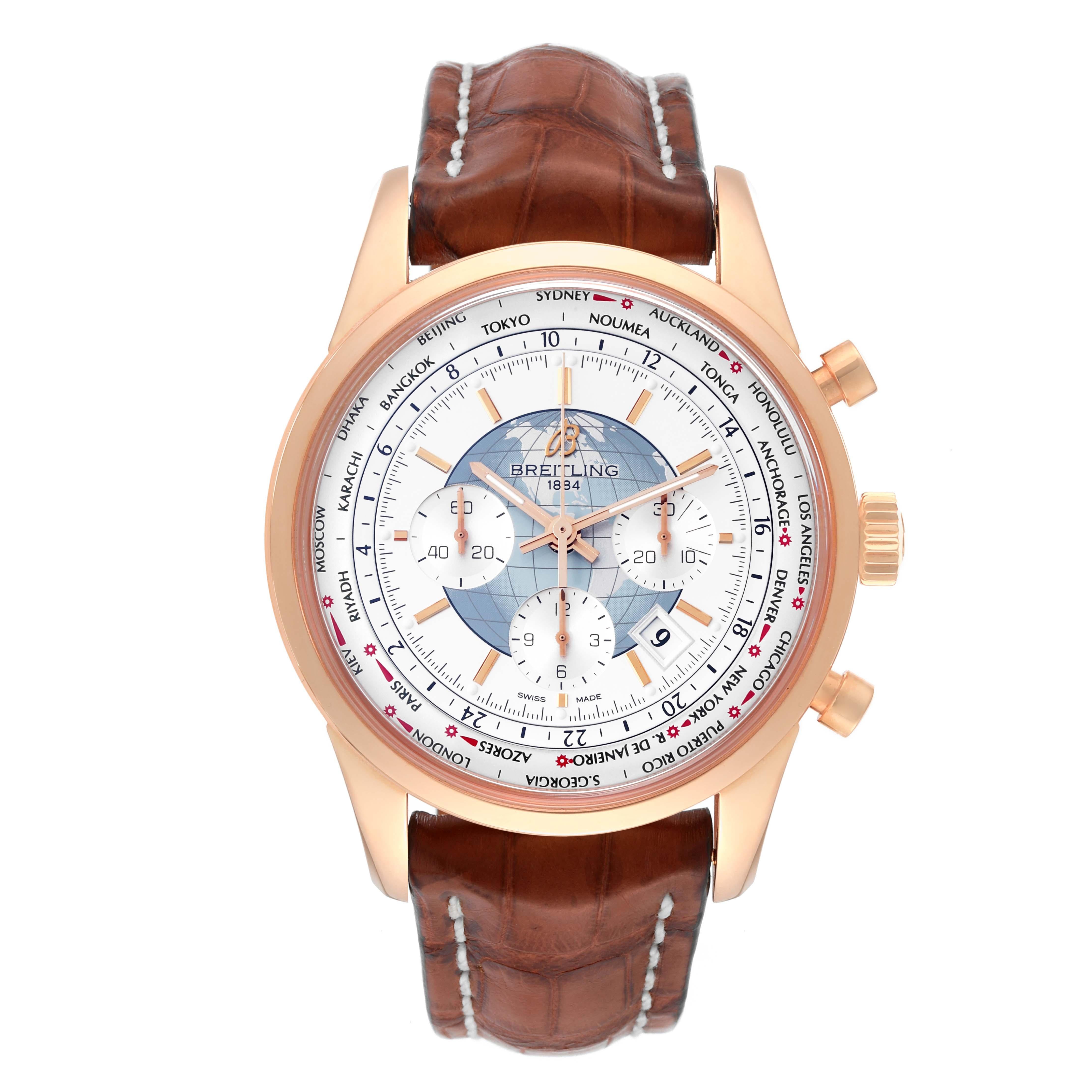 Breitling Transocean Chronograph Unitime Rose Gold Mens Watch RB0510. Automatic self-winding chronograph movement. 18K rose gold case 46 mm in diameter. 18K rose gold bezel. Scratch resistant sapphire crystal. White dial with luminescent rose gold