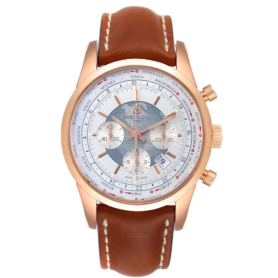 Breitling Transocean Chronograph Unitime Rose Gold Watch RB0510 Unworn. Automatic self-winding chronograph movement. 18K rose gold case 46 mm in diameter. 18K rose gold bezel. Scratch resistant sapphire crystal. White dial with luminiscent rose gold