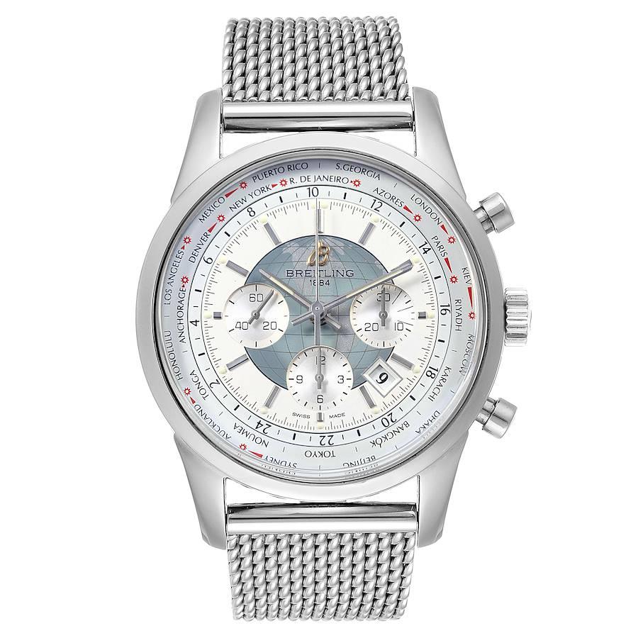 Breitling Transocean Chronograph Unitime Steel Mens Watch Watch AB0510. Authomatic self-winding chronograph movement. Stainless case 46 mm in diameter. Stainless steel smooth bezel. Scratch resistant sapphire crystal. Silver dial with luminiscent