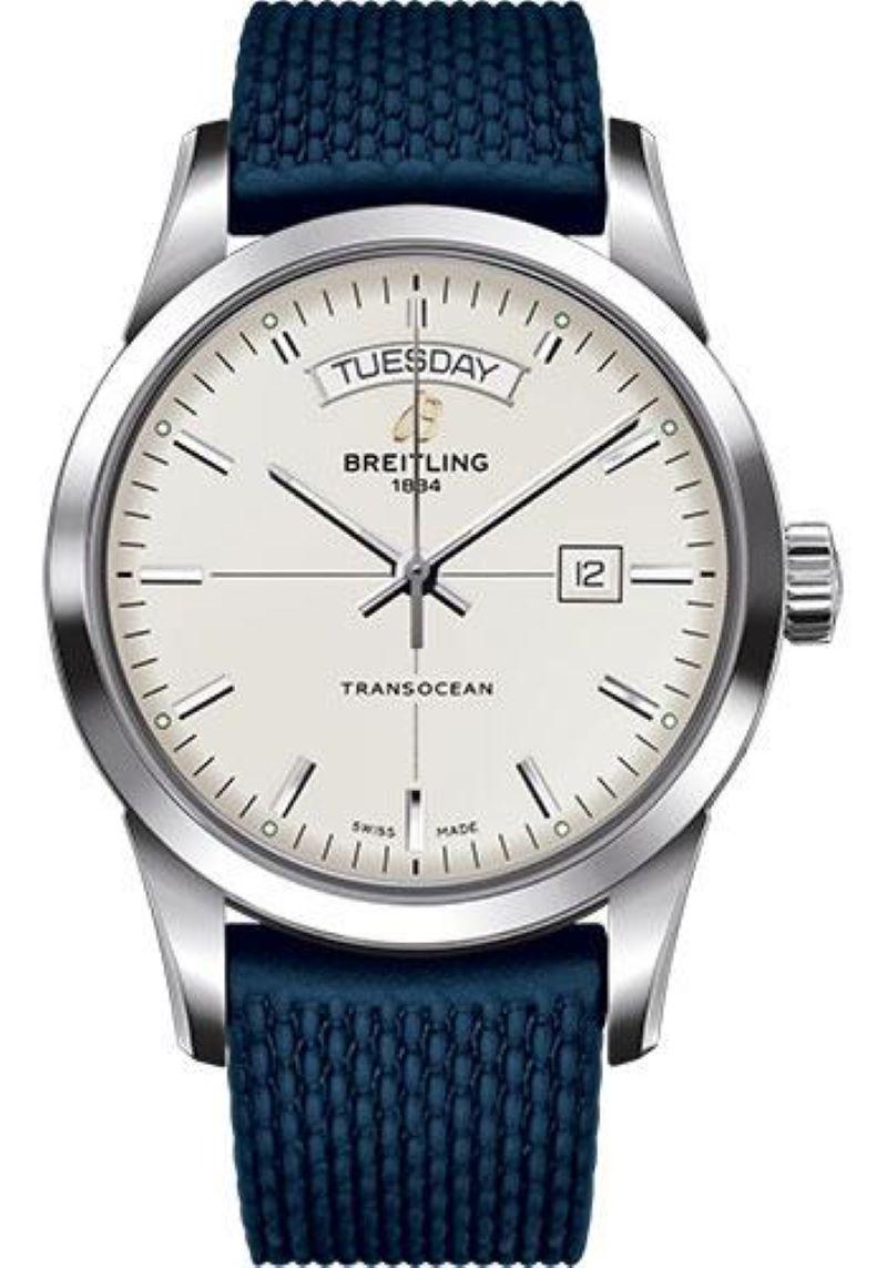 Breitling Transocean Day and Date Stainless Steel on Rubber Aero Classic Watch In Excellent Condition For Sale In New York, NY