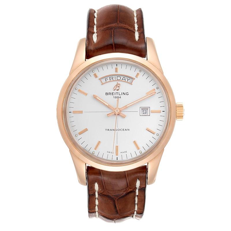 Breitling Transocean Day Date Rose Gold Mens Watch R45310 Box Papers. Automatic self-winding officially certified chronometer movement. 18K rose gold round case 46 mm in diameter. Two stylized planes symbols on the case back. 18K rose gold bezel.