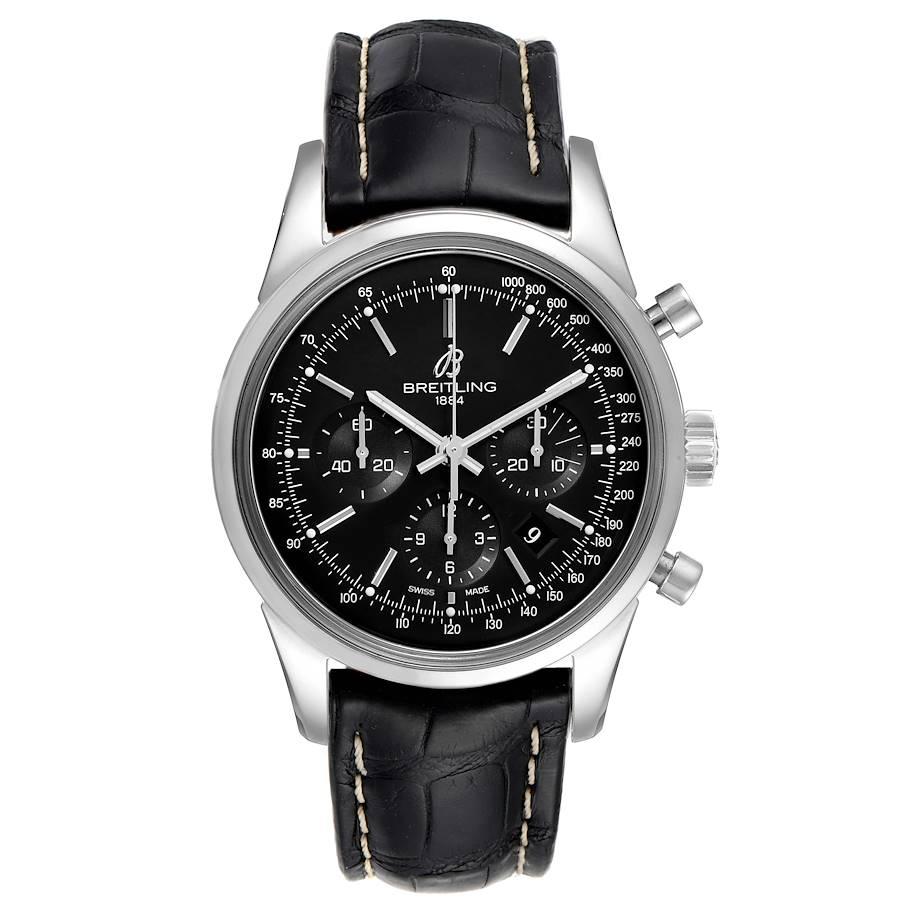 Breitling Transocean Leather Strap Steel Mens Watch AB0152 Box Papers. Authomatic self-winding chronograph movement. Stainless steel case 43.0 mm in diameter. Exhibition transparent case back. Stainless steel bezel. Scratch resistant sapphire