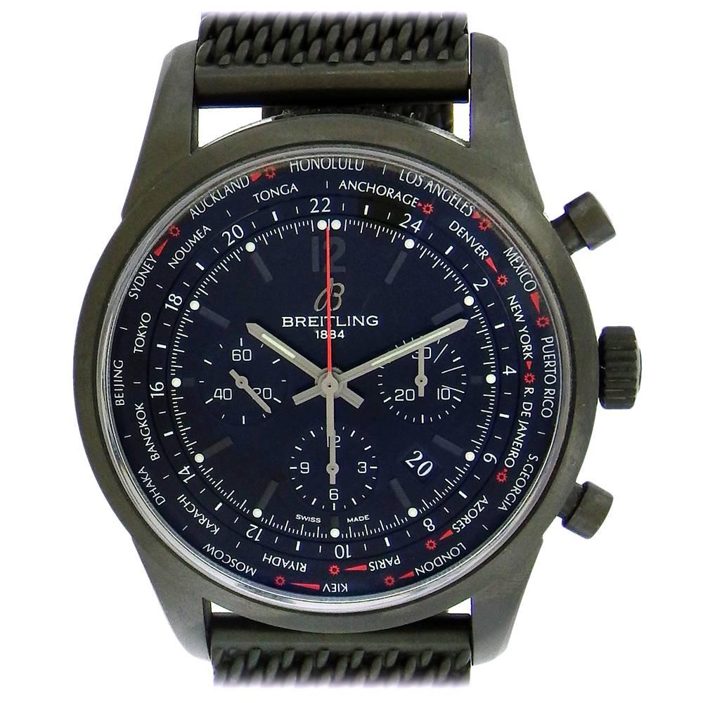 Contemporary Breitling Transocean Unitime Pilot limited edition black steel chronograph, 46mm diameter, has constant seconds, 30 minutes and 12 hours registers, date aperture at 4:30, outer reserve with 24-hour cities, 56 jewel automatic movement