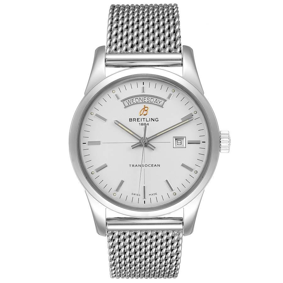 Breitling Transocean Silver Dial Mesh Bracelet Steel Mens Watch A45310. Automatic self-winding officially certified chronometer movement. Stainless steel case 43 mm in diameter. Two stylized planes symbols on the case back. Stainless steel bezel.